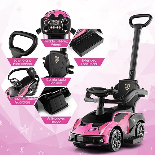 Miniatura 5 de HONEY JOY Lamborghini - Cochecito de juguete para niños pequeños, con asa de empuje y barandilla desmontable, sonido de bocina y motor,