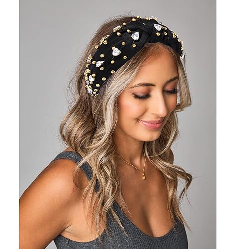 Vista 7 de Diademas anudadas de cristal para mujer, diademas brillantes con diamantes de imitación, cuentas doradas anchas adornadas, accesorios para el Negro