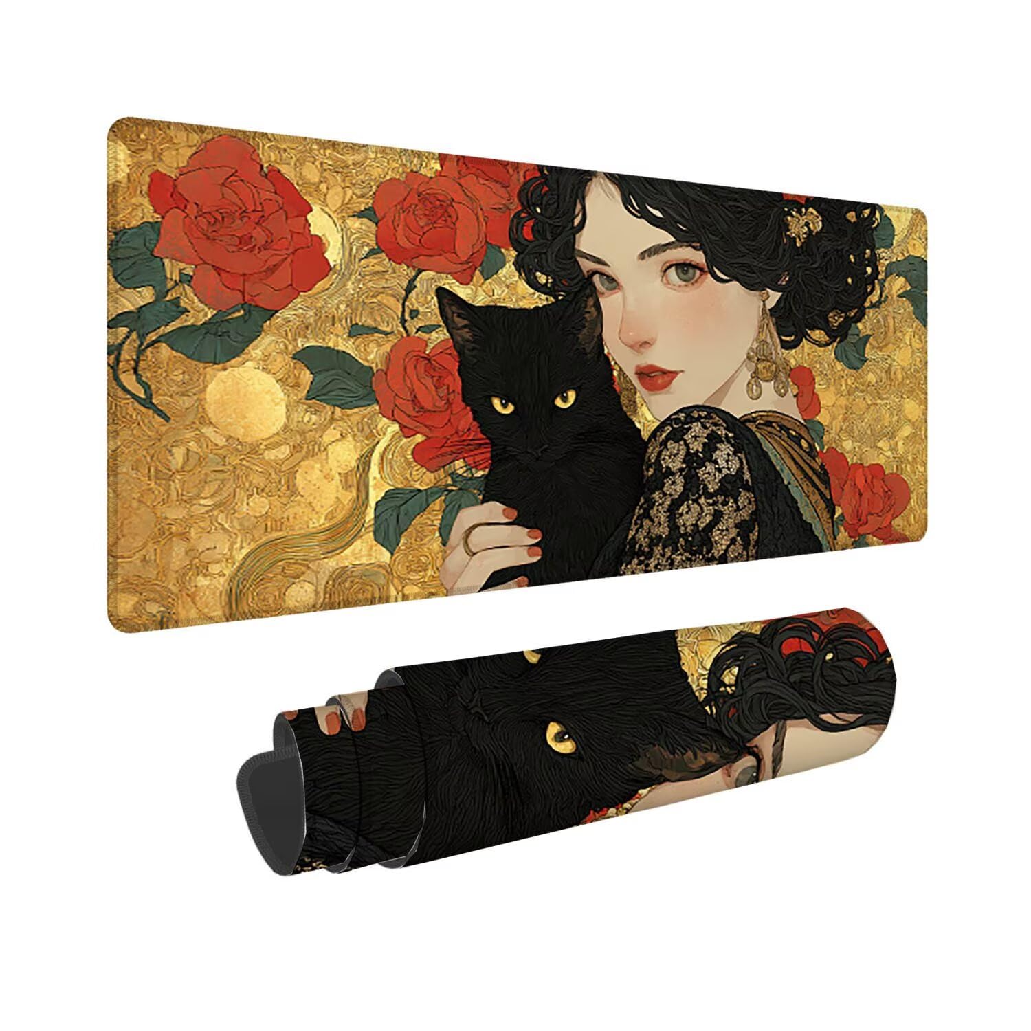 Tapis de Souris Jeu 1200 x 600mm XXL Tapis Souris Gaming Grand Pad Bureau avec Base AntidéRapante ImperméAble à l'eau Surface Bords Cousus Haute Précision et Vitesse Gamer PC/Console Le chat rose F558