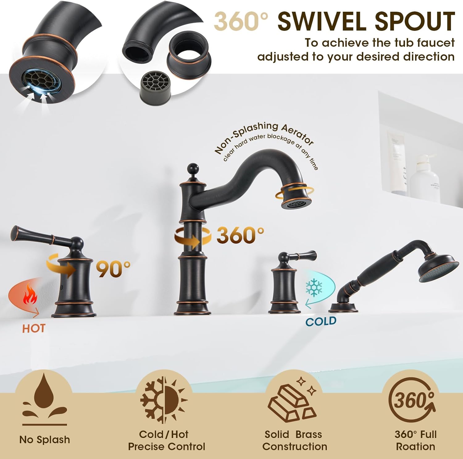 Roman Tub Faucet Set with Sprayer - High Flow Brass 18-24 Inch Widespread 4-Hole Deck Mount Bathtub Faucet, 360-Degree Swivel Spout, Rough-In Valve, 2 Handles, Oil Rubbed Bronze