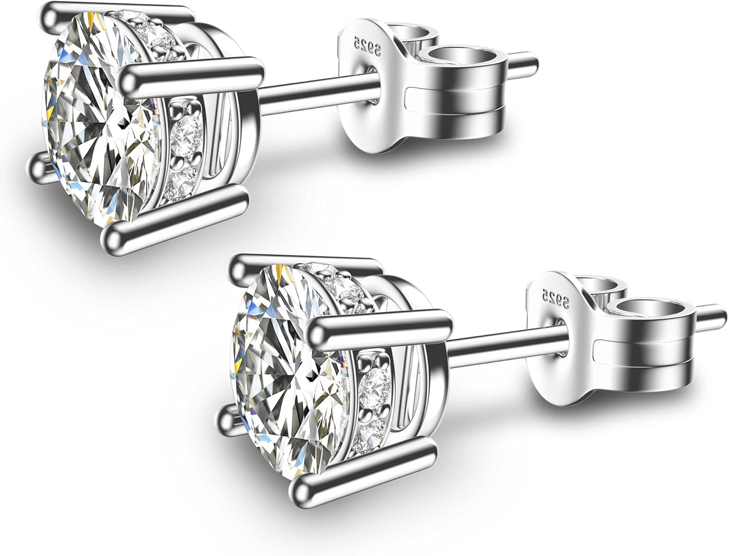 18K White Gold Plated Round Cubic Zirconia Simulated Diamond Stud Earrings Solid Sterling Silver Post Sparkly CZ Studs Earrings for Women Men - Image 2