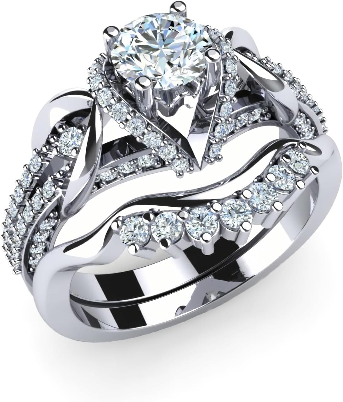 IGI Certified 1.23 CT Lab Grown Diamond Wedding Engagement Ring Bridal Set for Women, Solid 10/14/18K Gold or Sterling Silver, Name Engraved Halo Half-Eternity Diamond Ring Band, Ring Size 4-15