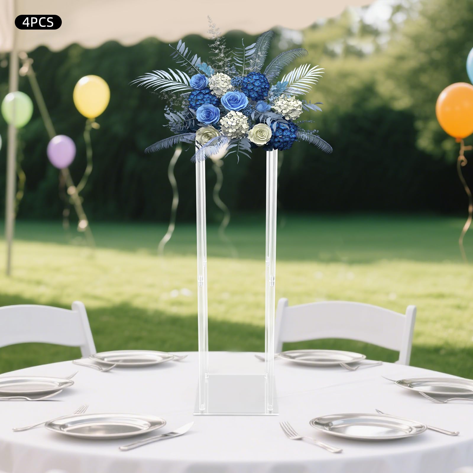 Vaso per fiori, 4 pezzi, in acrilico, per feste, matrimoni, 25 x 25 x 80 cm, trasparente, centrale, supporto per lavagna, moderno, colonna di fiori (rettangolare)