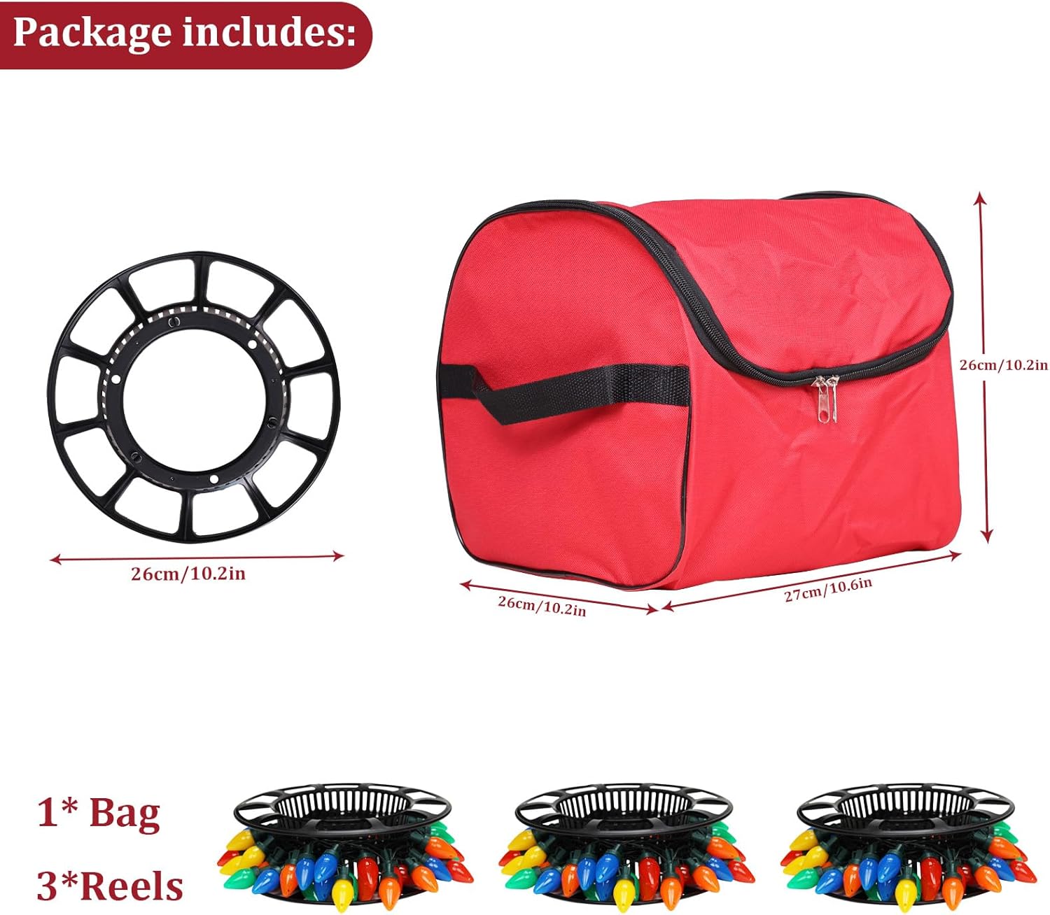 Christmas Light Storage Bag, Heavy Duty Tear-proof 600D/Inside PVC Material with Reinforced Handles, 3 Reels Stores up to 175 Ft of Mini Tree Lights & Extension Cords (2-Pack/Red)