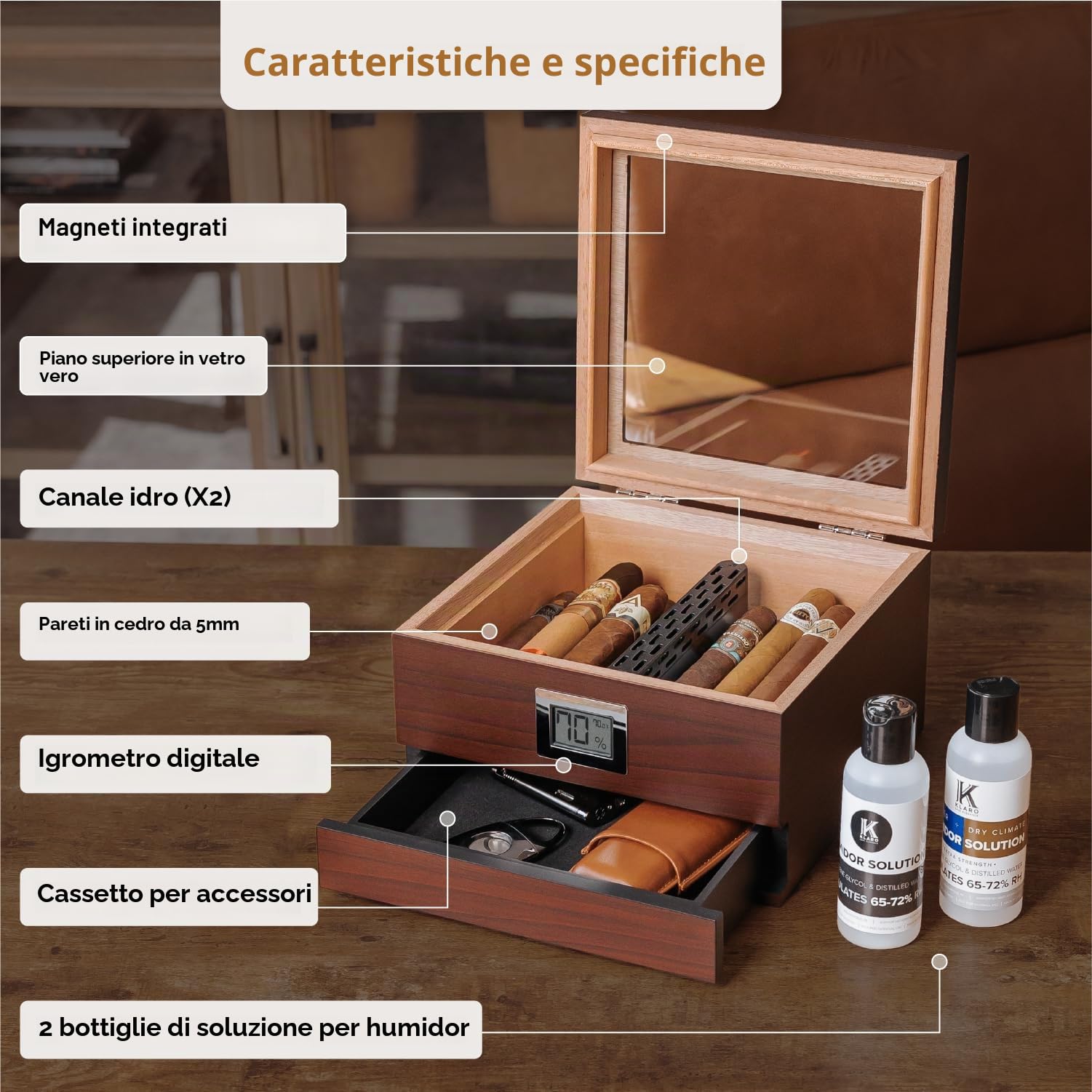 Humidor per Sigari in Cedro con Finiture in Ciliegio Fatto a Mano con Igrometro Anteriore Digitale - Tenuta (25-50 sigari) di Case Elegance