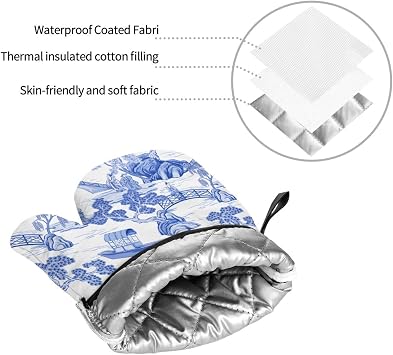 Blue Chinoiserie Pagoda White Oven Mitts and Pot Holders Set of 4, Oven Mittens and Potholders Heat Resistant Gloves for Kitchen Cooking Baking Grilling BBQ