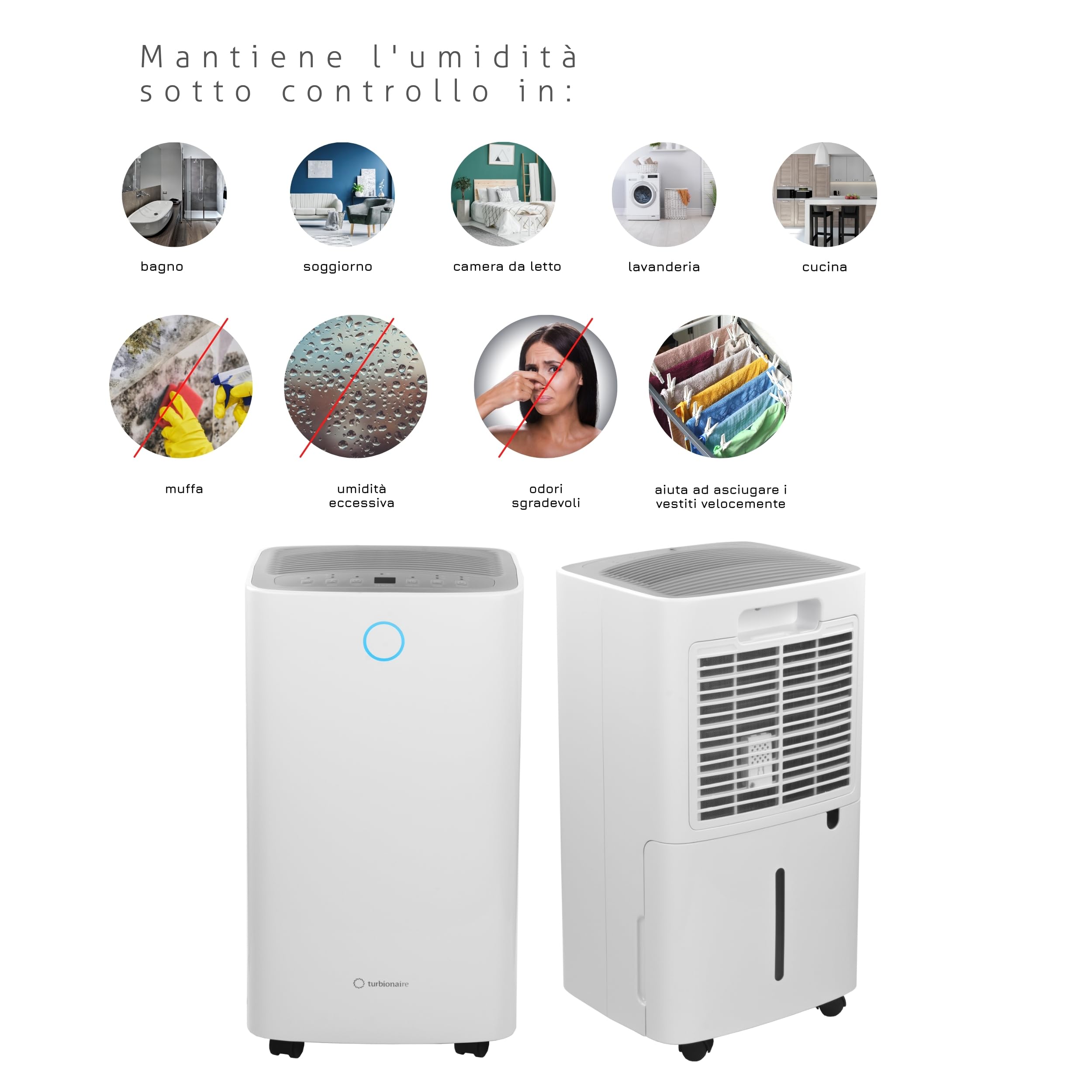 Deumidificatore e Purificatore Casa Muffa Turbionaire Senso 13 WiFi, 13L/Giorno, Addato fino a 30m², Filtro HEPA + Carboni Attivi, Silenzioso, Serbatoio da 2L, Asciugatura Vestiti, Muffa e condensa