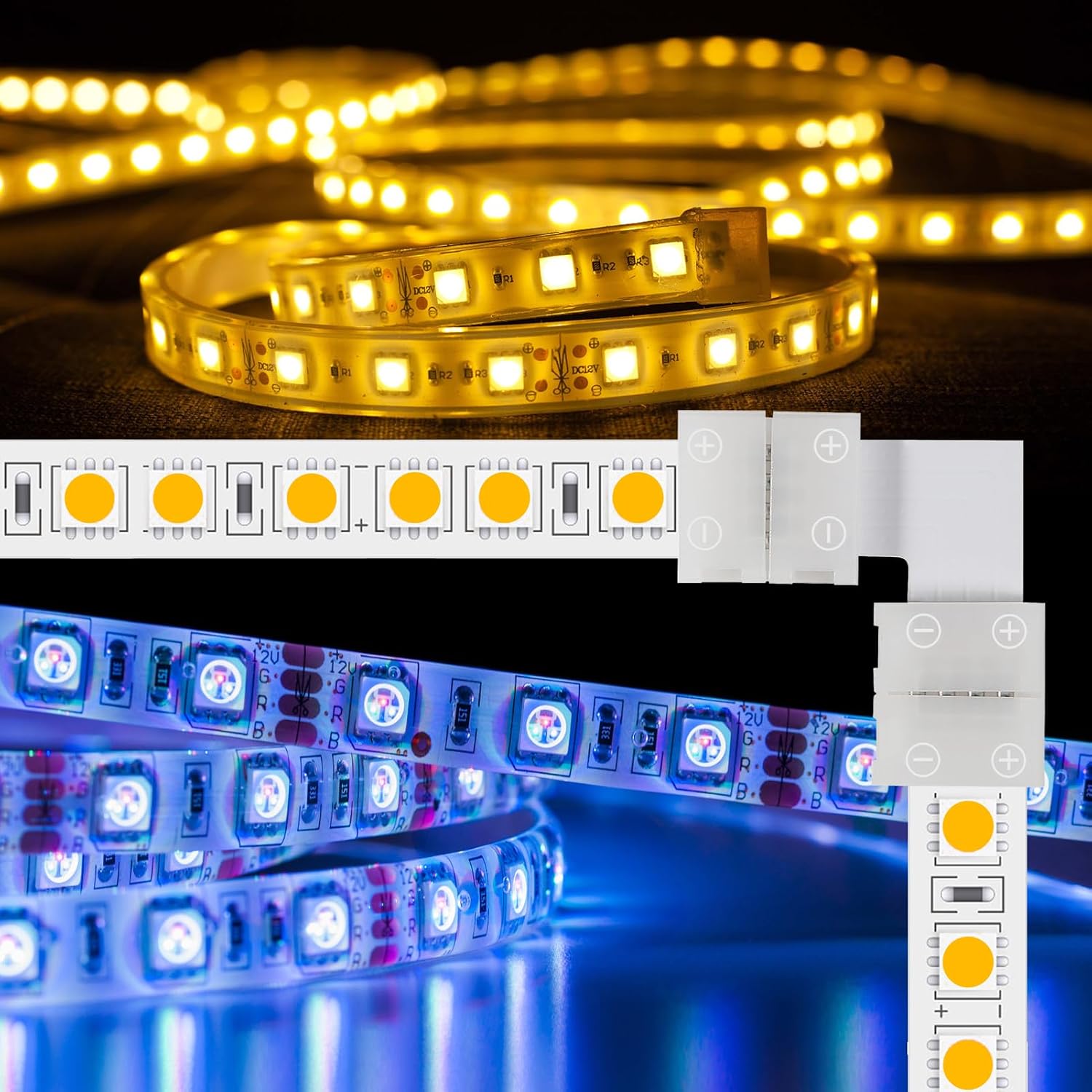 50pcs L-Shape 4 Pin LED Strip Light Connector, Solderless Snap Down Connector Quick Splitter Right Angle Corner 90° Degree Flex 2 Conductor Connector for 10mm Wide 5050 3528 Single Color