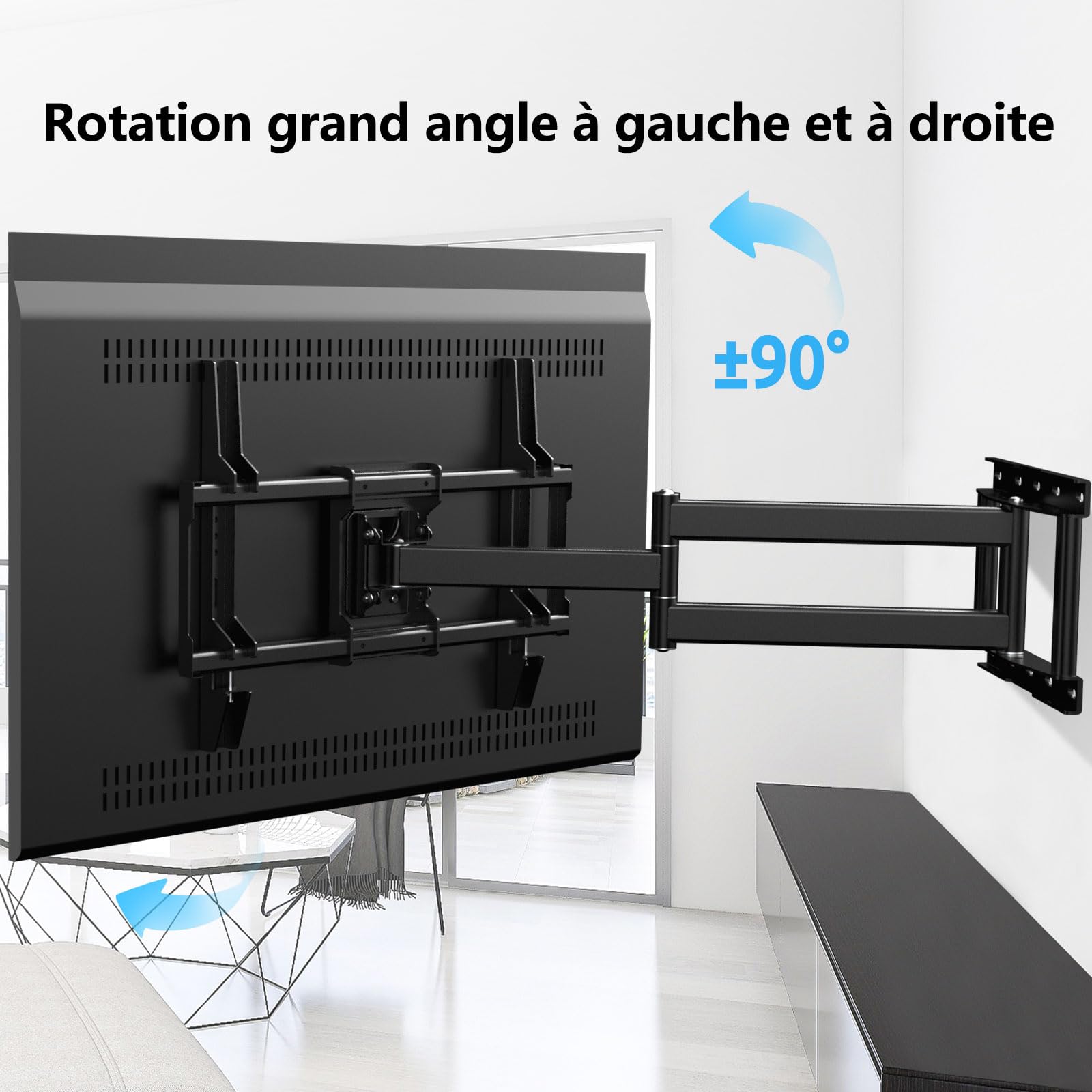 Support Mural TV Inclinable et Orientable avec Bras Long Extension pour 32-80 Pouces Écrans Plats/Incurvés,Fixation Murale TV Ajustable Pivotant à 90 Degrés jusqu'à 50KG Max VESA 600x400 mm