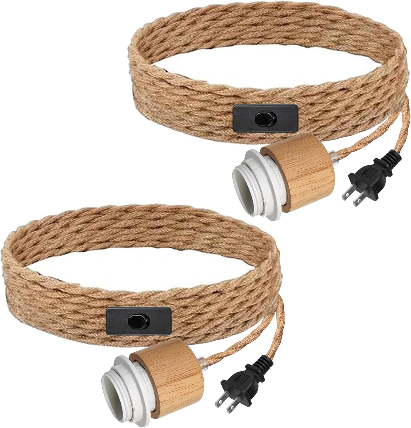 2 Pcs Plug in Hanging Light Kit, Vintage Hanging Pendant Lamp with On/Off Switch, 500 CM Hemp Rope Plug in Ceiling Light Fixture, E26 E27 for Farmhouse Lamp Cable DIY(No Bulb)