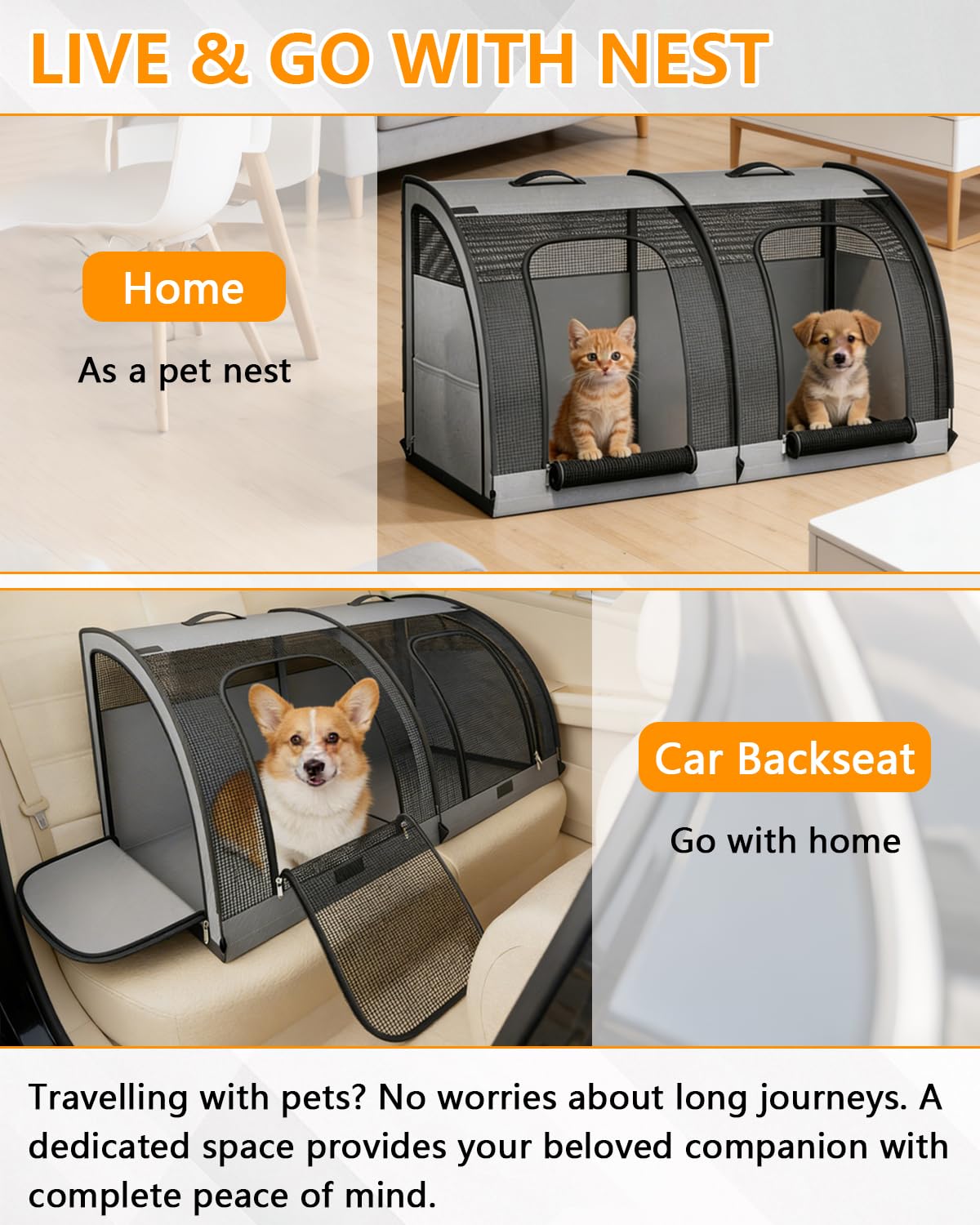 Transportín grande para mascotas, asiento plegable para 2 gatos, bolsa de transporte de viaje con malla transpirable, asa y 4 puertas, para asiento trasero y hogar, 100 x 50 x 50 cm