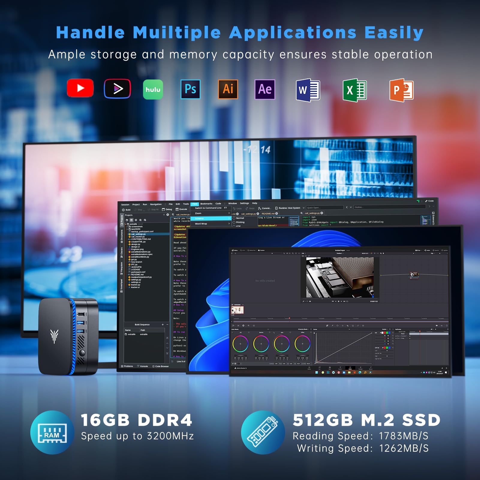 NiPoGi Mini PC Ν100 16GB DDR4 512GB ROM,AK1PLUS Mini computer di 11a generazione(fino a 3.4GHz),Micro PC con doppio display,4K HD,Dual WiFi5,BT5.2,Mini desktop PC