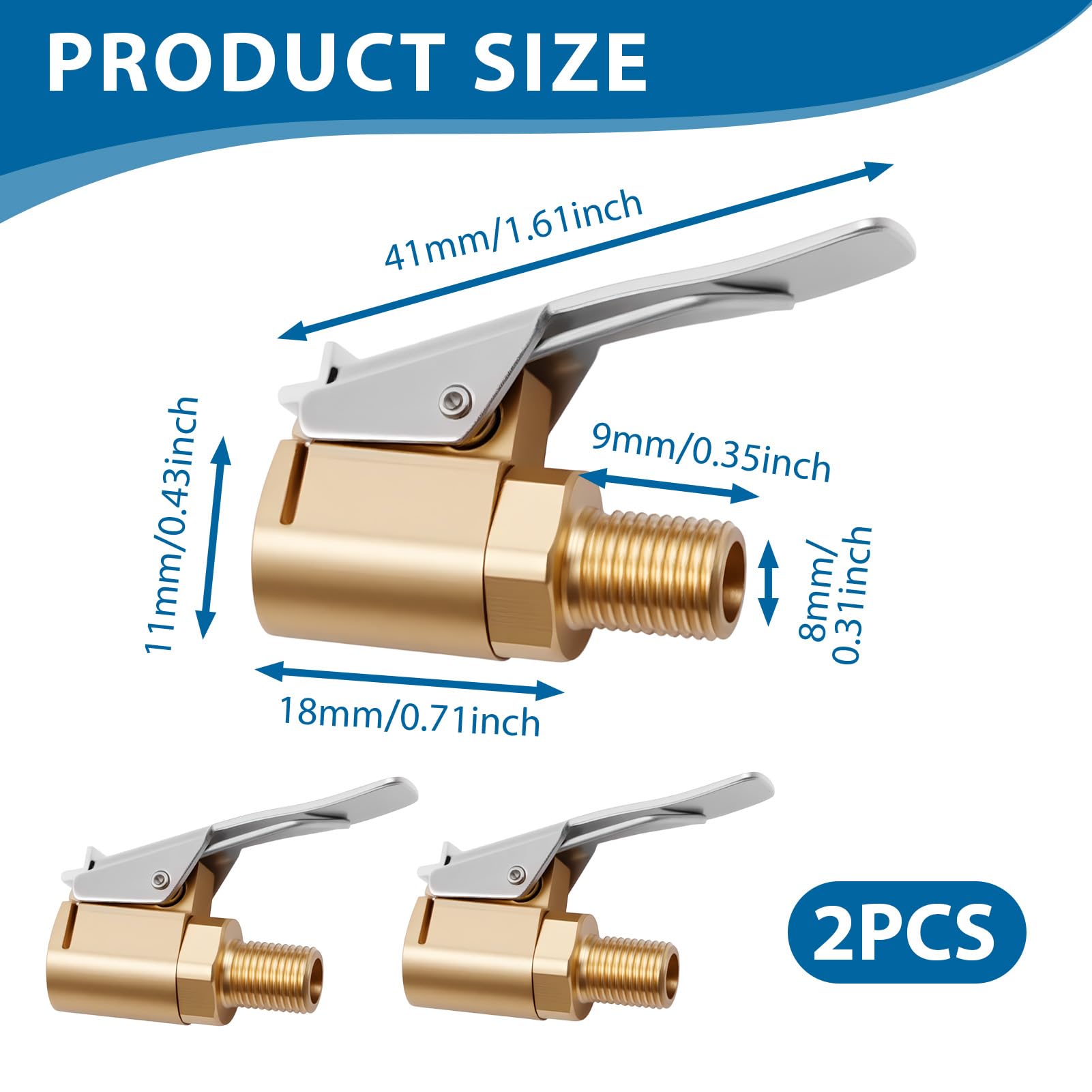 Yohtlfp 2PCS Boquilla Inflador Neumaticos, 8mm Abrazaderas de Aire para Vástago de Válvula de Coche, Boquilla Inflador Abrazadera Válvula, Conector de Válvula Inflado Latón — view 2