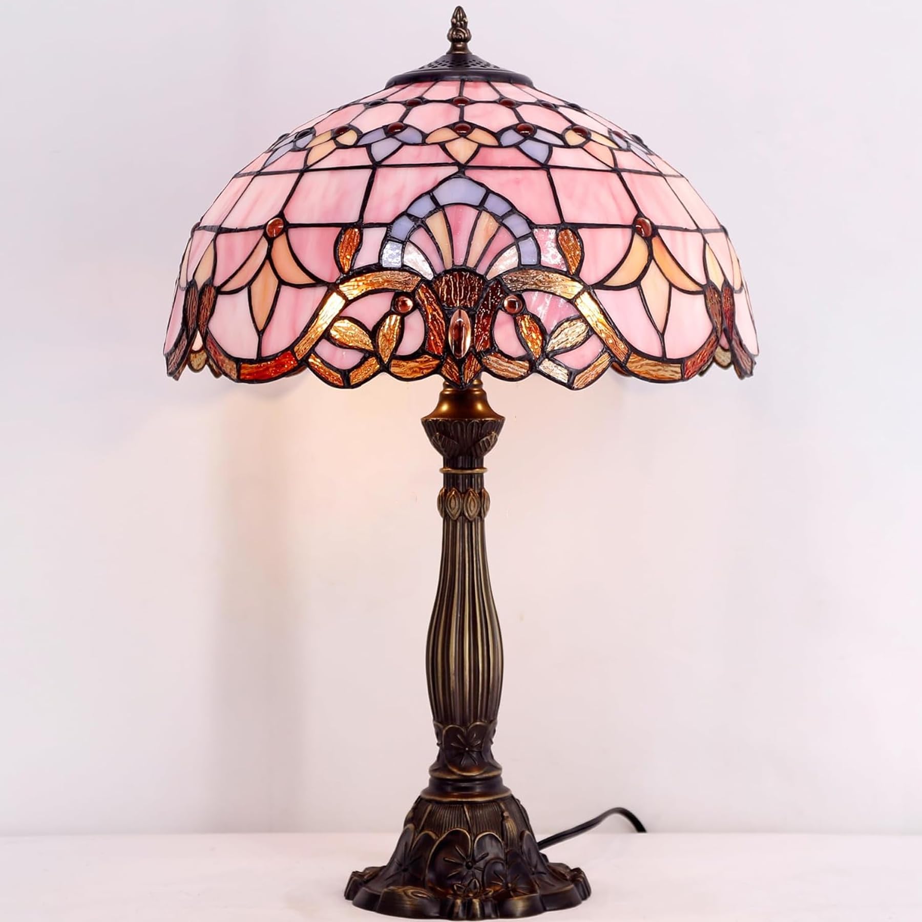 WERFACTORY Tiffany Lamp Pink Stained Glass BaroqueStyle Bedside Desk Reading Table Lamp 16X16X24 Inches Decor Bedroom Living Room Home Office S003P Series