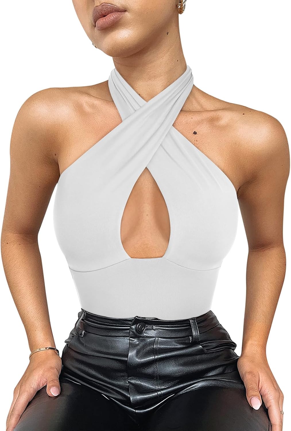 REORIA Butsmooth® Women's Trendy Sexy Casual V Neck Double Lined Sleeveless Slimming Going Out Tank Top Bodysuits - Image 3