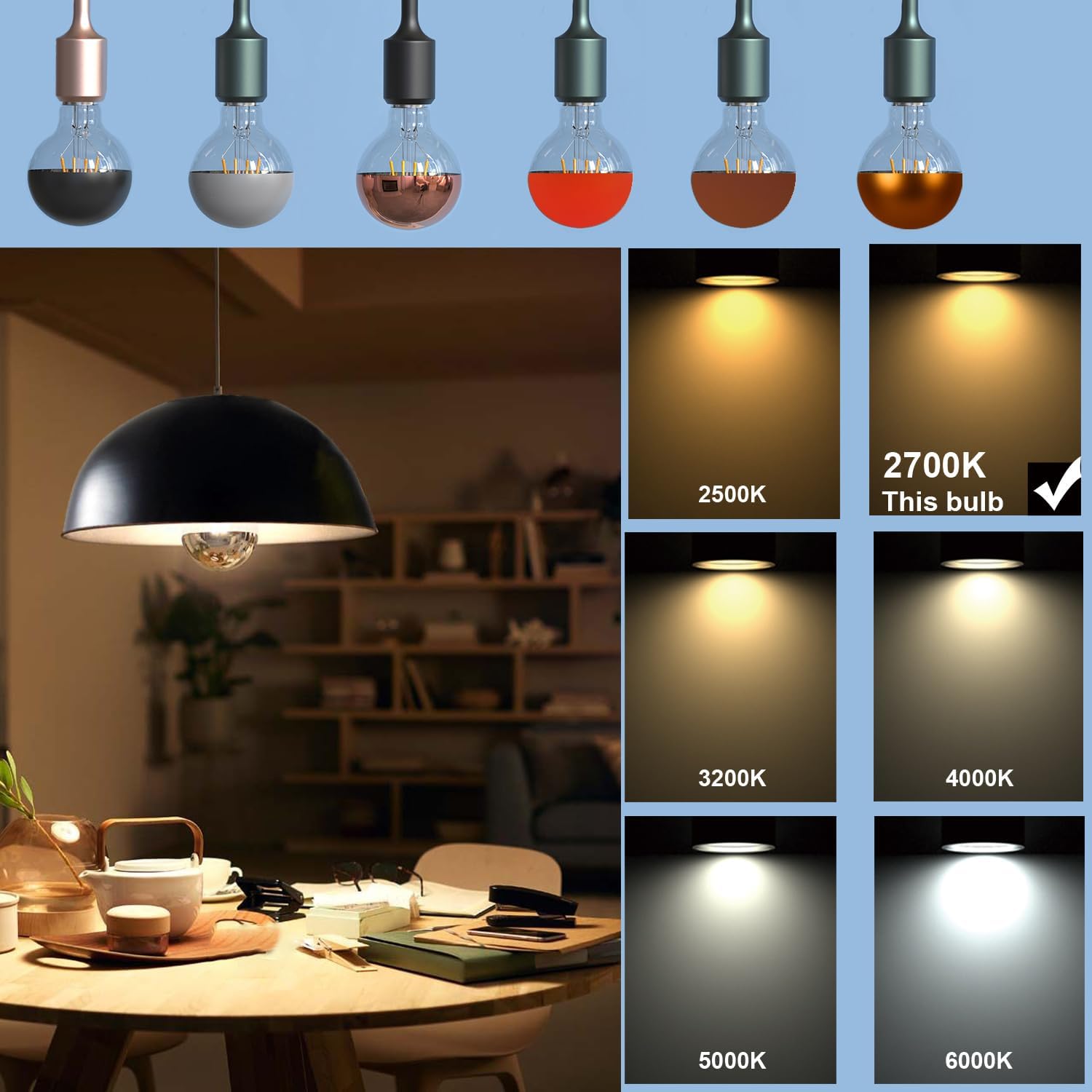 Large Half Chrome Light Bulb,Dimmable Anti-Glare 8W (80W Eq.) LED Edison Bulbs,G95 Globe Shape Decorative LED Decorative Bulb,Half Brown Dipped Reflected Soft White E26 Base, Pack of 2