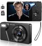 Caméra numérique avec objectif arrière avant, Autofocus 4K Caméra pour la photographie avec 32GB Carte, Portable Compact Point et Caméra de tir pour les adolescents débutant avec Metal Shell, 2000mAh Batterie, 64MP