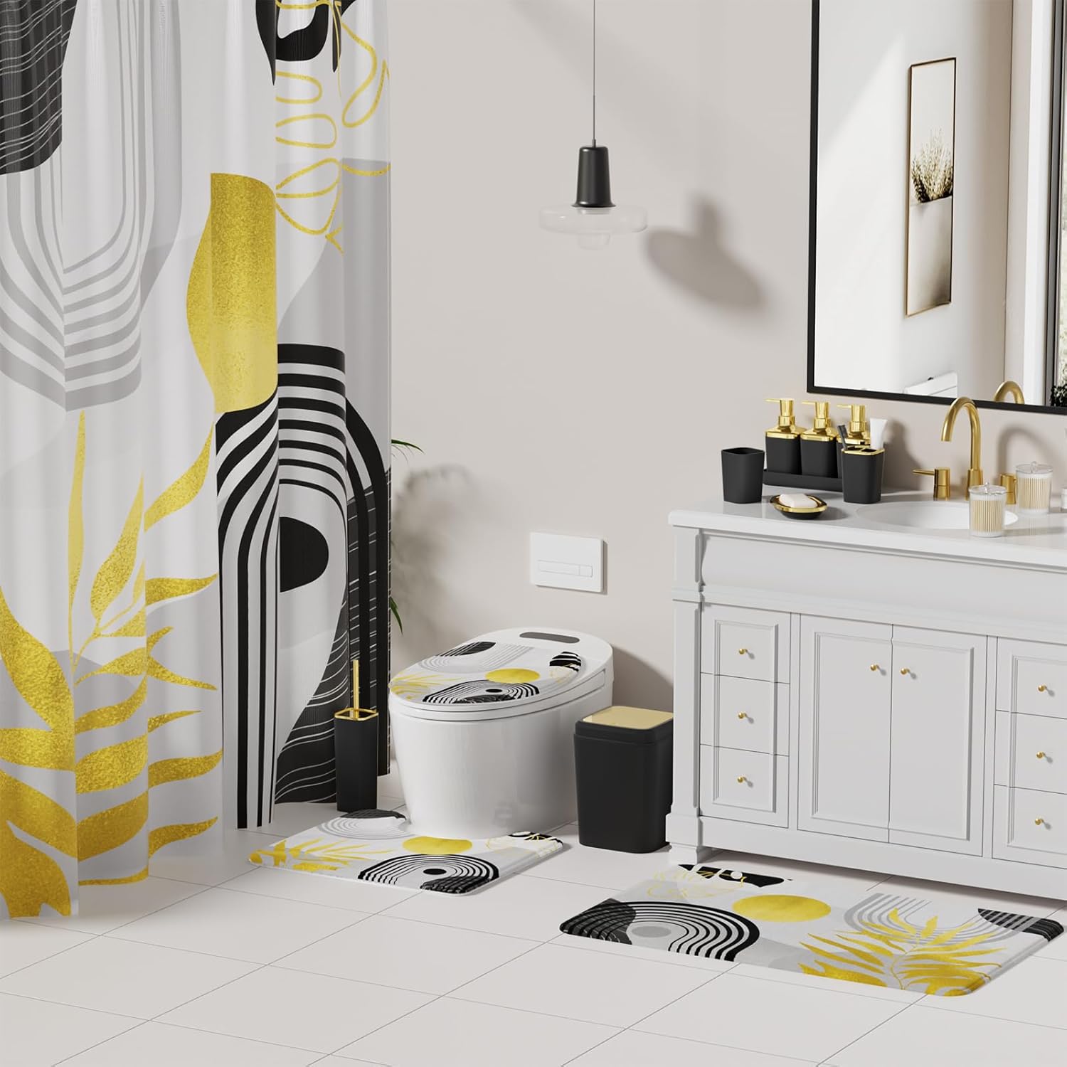 Bathroom Accessories Set - 27PC Bathroom Sets with Shower Curtain and Rugs, Black Bathroom Set, Black Bathroom Accessory Set with Trash Can, Toilet Brush & 3 PC Soap Dispensers