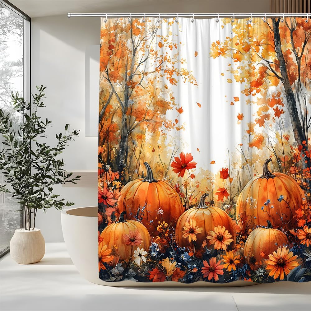 Fall Pumpkin Shower Curtain Farmhouse Thanksgiving Autumn Maple Forest Orange Flower Yellow Leaves Rustic Watercolor Floral Harvest Gold Branches Falling Leaf Decorative Curtain Polyester Fabric