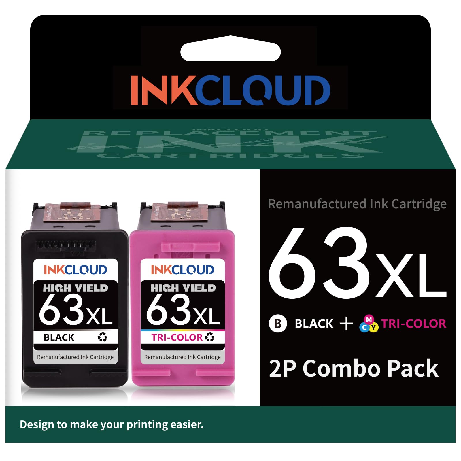 INKCLOUD Compatible Ink Cartridges Replacement for HP 63 Ink 63XL Black and Color for HP 3830 5255 5258 4520 4512 4513 4516 1112 1110 3630 3632(1Black, 1 Color)
