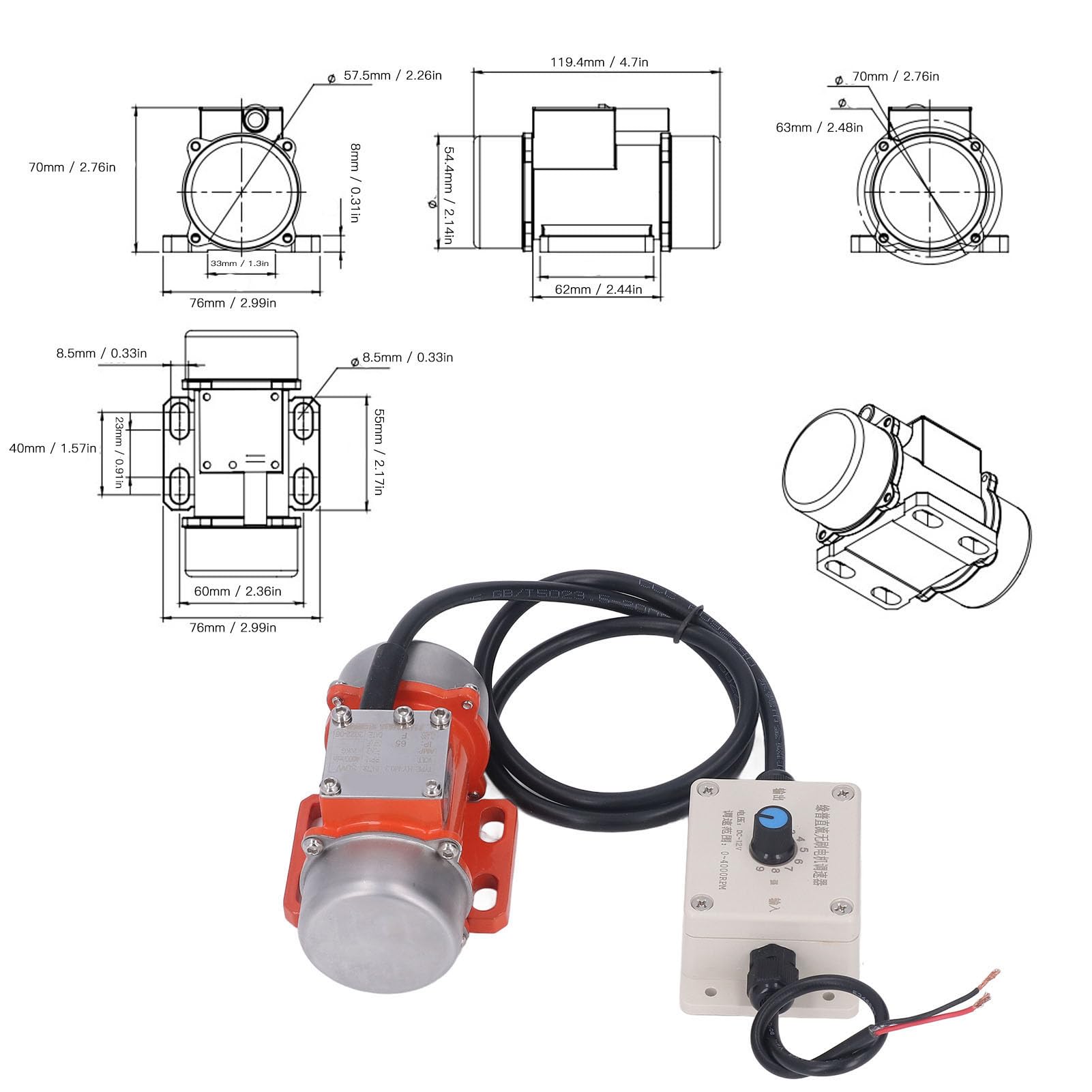 Motore Vibrante Elettrico, Vibratore per Calcestruzzo 30W 4000 Giri/min Strumento per Calcestruzzo con Motore Vibrante Impermeabile IP65 (DC12V)