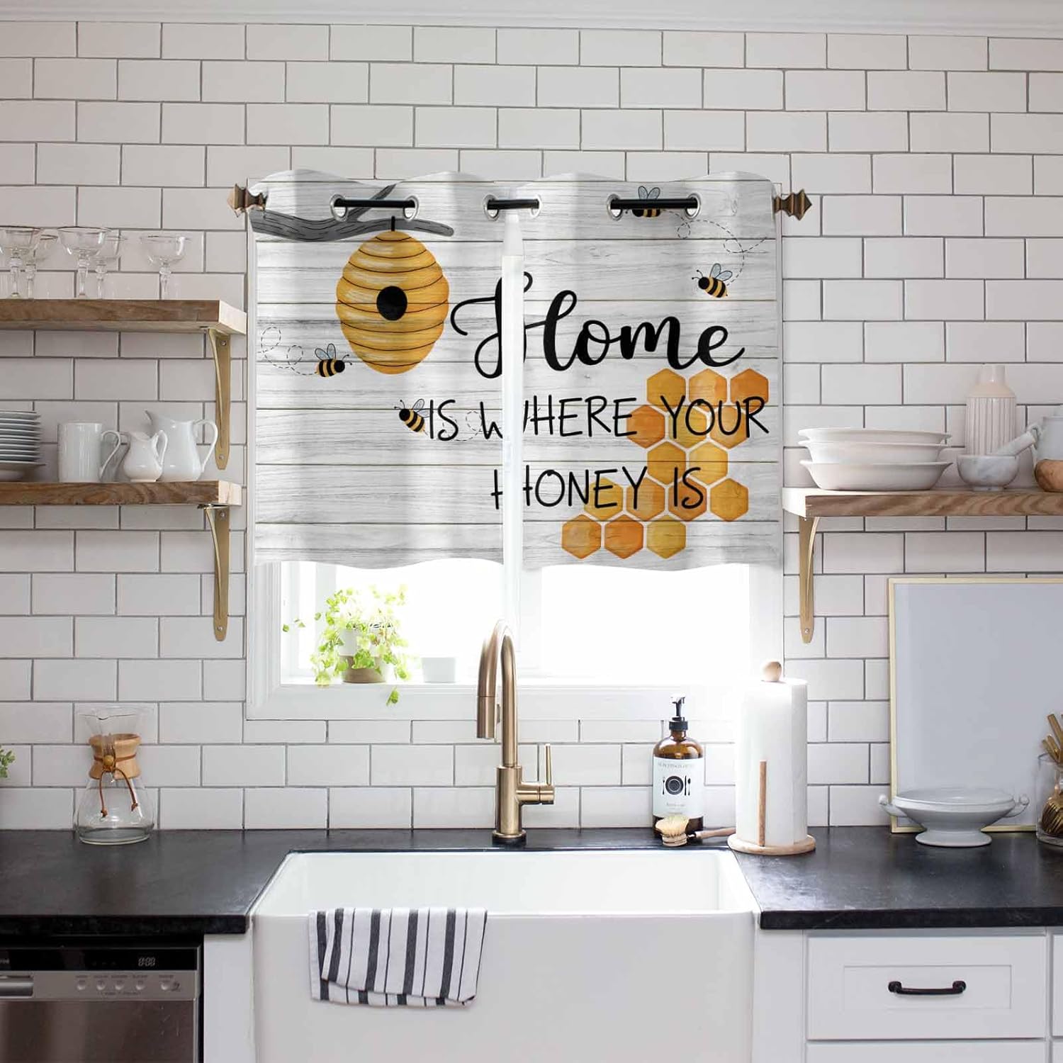 2 Panels Kitchen Curtains 39" Length for Living Room, Laundry, Bee Hive Home Is Where Your Honey Is Teen Boys Room Curtains Window Drapes with Grommet Top, Retro Wooden Stripes Grain 55W x 39L Inch
