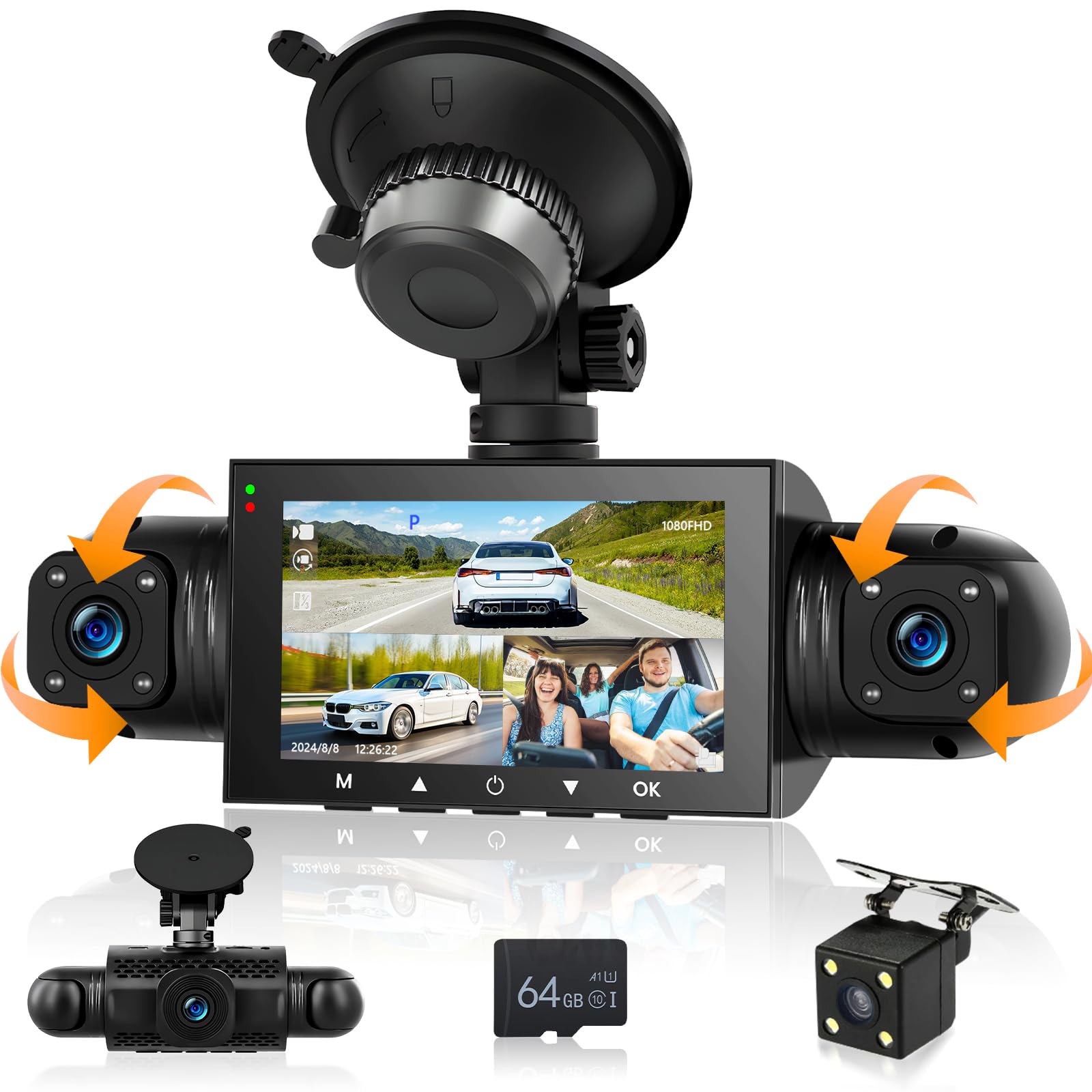 Podofo Mirror Dash Cam 4 Canales Delantera Trasera, Cámara de Espejo Retrovisor con Tarjeta de 64GB/G-Sensor/Monitorización de Aparcamiento/Visión Nocturna/24H Modo Aparcamiento + Cámara Trasera 1080P