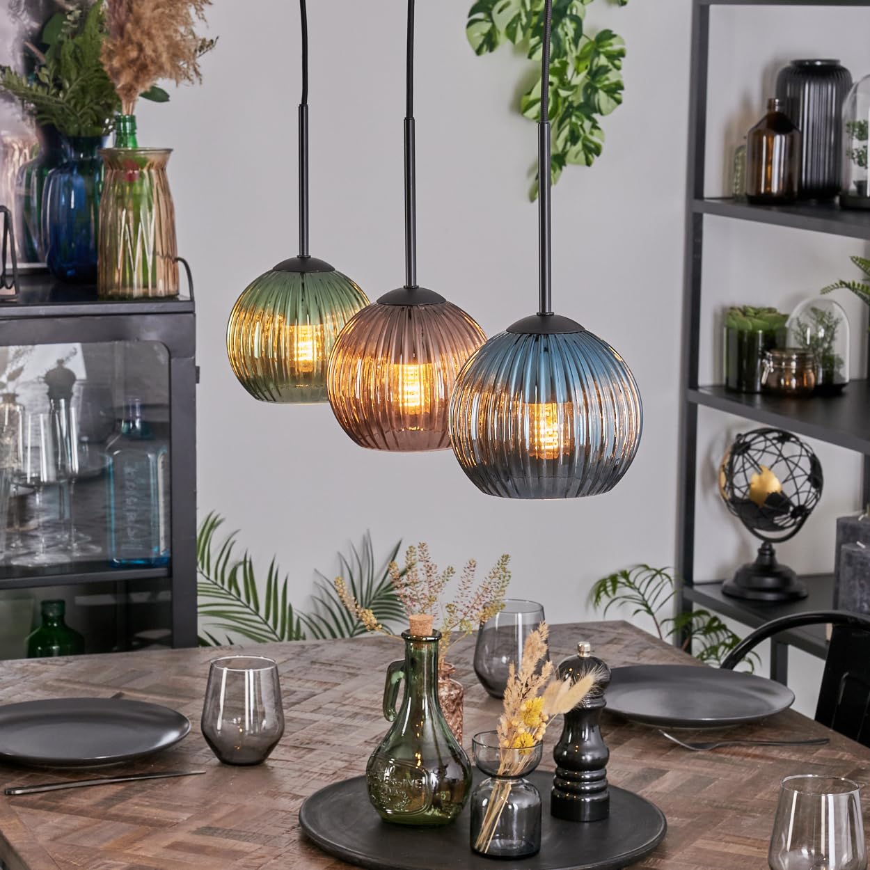 HOFSTEIN Koyoto Pendant Light, 3-Burner Metal/Ribbed Glass Pendant lamp in Black/Green/Blue/Copper, Retro/Vintage Pendant Light (Shades Ø 15 cm), E27, Dining Room, Living Room, Kitchen