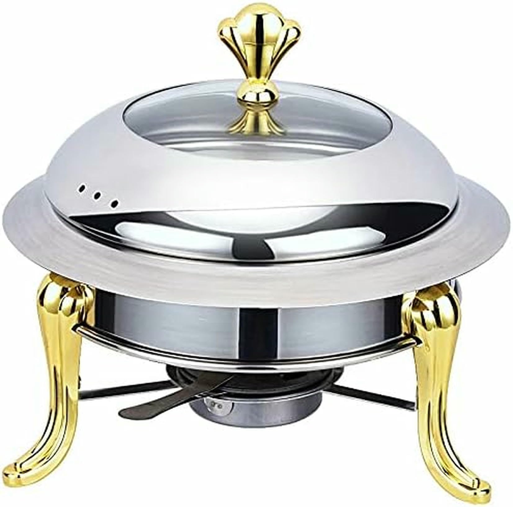 Scaldavivande, Set Rotondo per Buffet con Coperchio e Supporto per combustibile, in Acciaio Inox, Ideale per Catering e Feste.