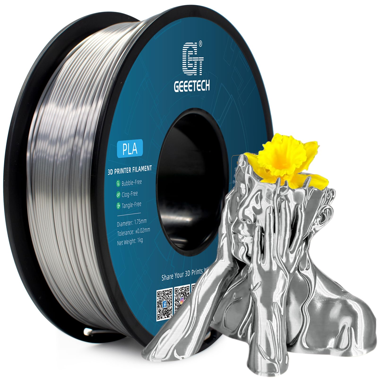 GEEETECH PLA Filament 1.75mm Silk Silber, 3d Drucker printer Filament PLA 1KG Spool, Silk Filament mit Seidige Druckoberfläche, Maßgenauigkeit +/-0.02 mm