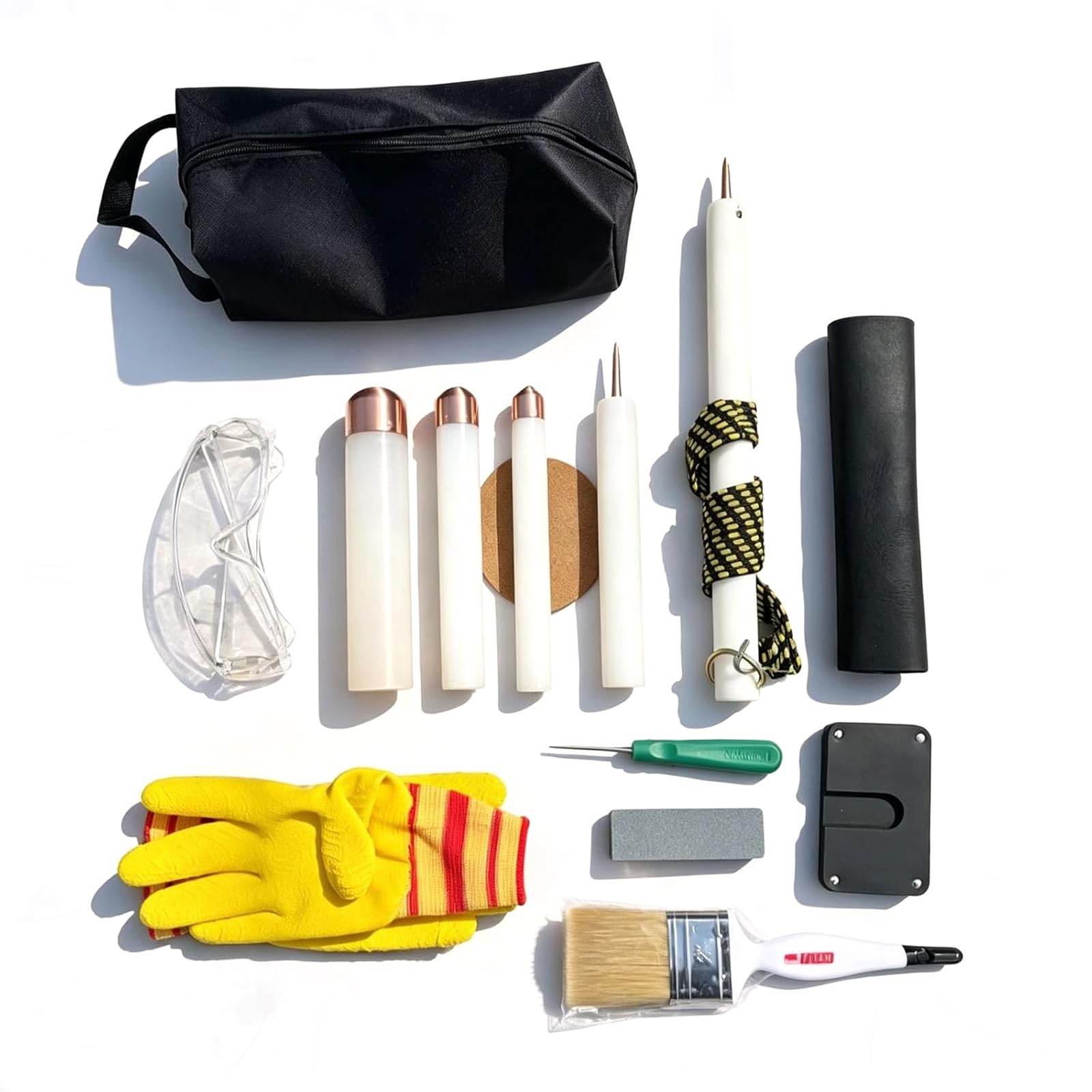 Kit di 13 Strumenti per La Lavorazione Dellossidiana E della Selce, Completo di Martello in Rame, Scheggiatrice A Pressione, Tampone in Cuoio, Occhiali di Sicurezza, Guanti E White
