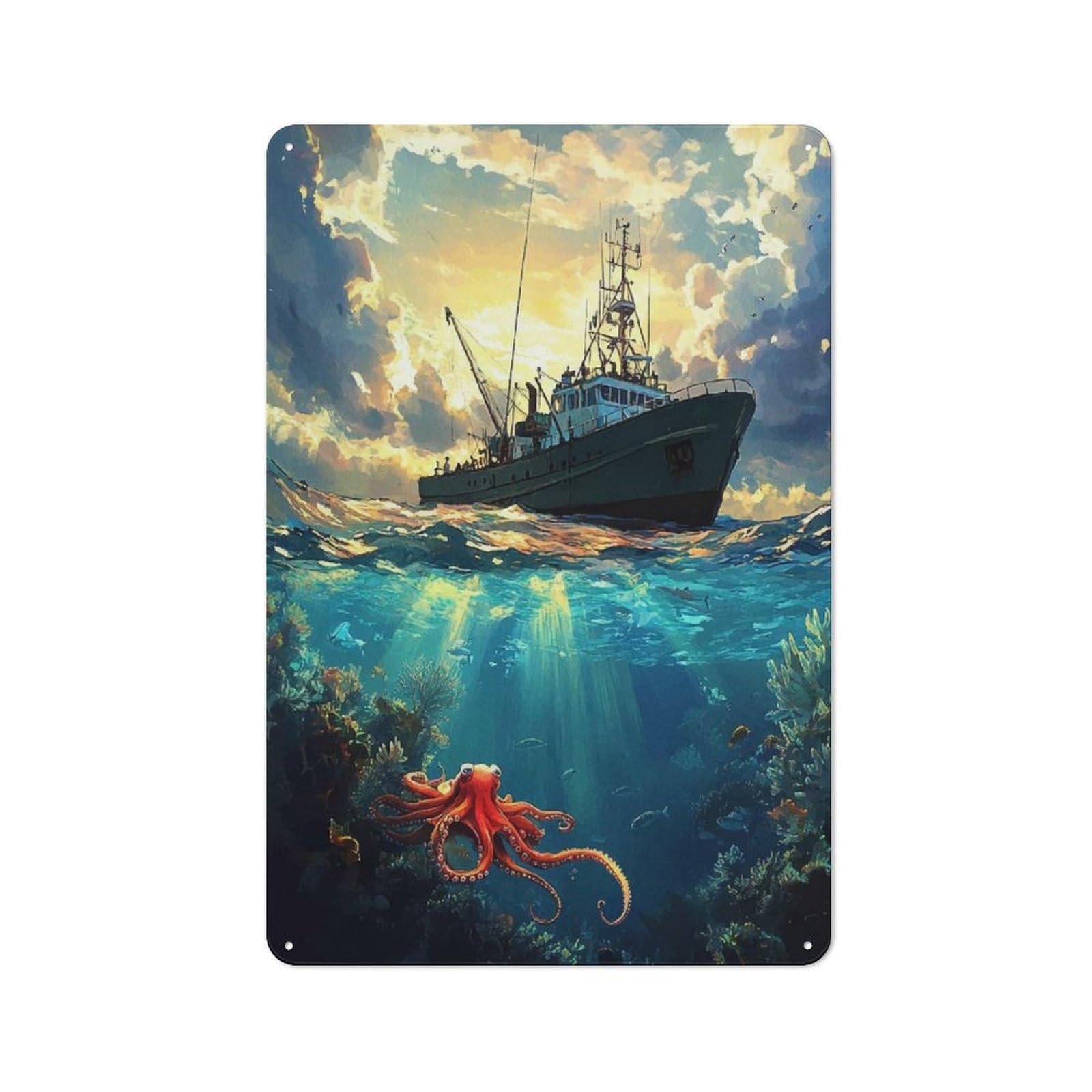 Junmoney Fishing Boat And Octopus Retro Metal Wall Decor 30X20cm, Tin Wall Sign For Bakery, Diner, Cafe Or Family Room
