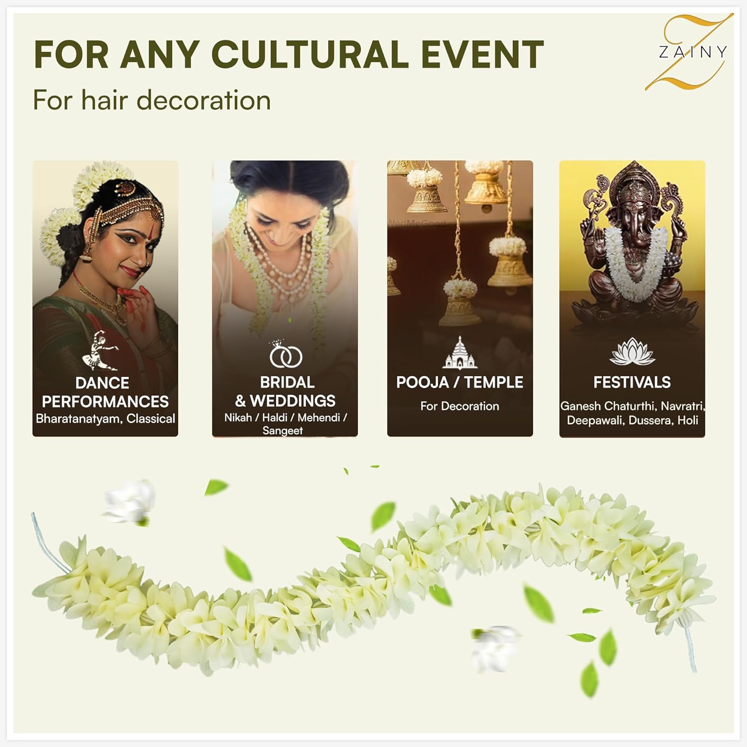 ZAINY 6 Pack Mogra Gajra for Hair Indian Bun, Artificial Fabric Jasmine Flowers Hairbun, White Hair Flowers for Women, Reusable Traditional Veni, Hair Accessories Gajra Bracelet, Juda and Wedding