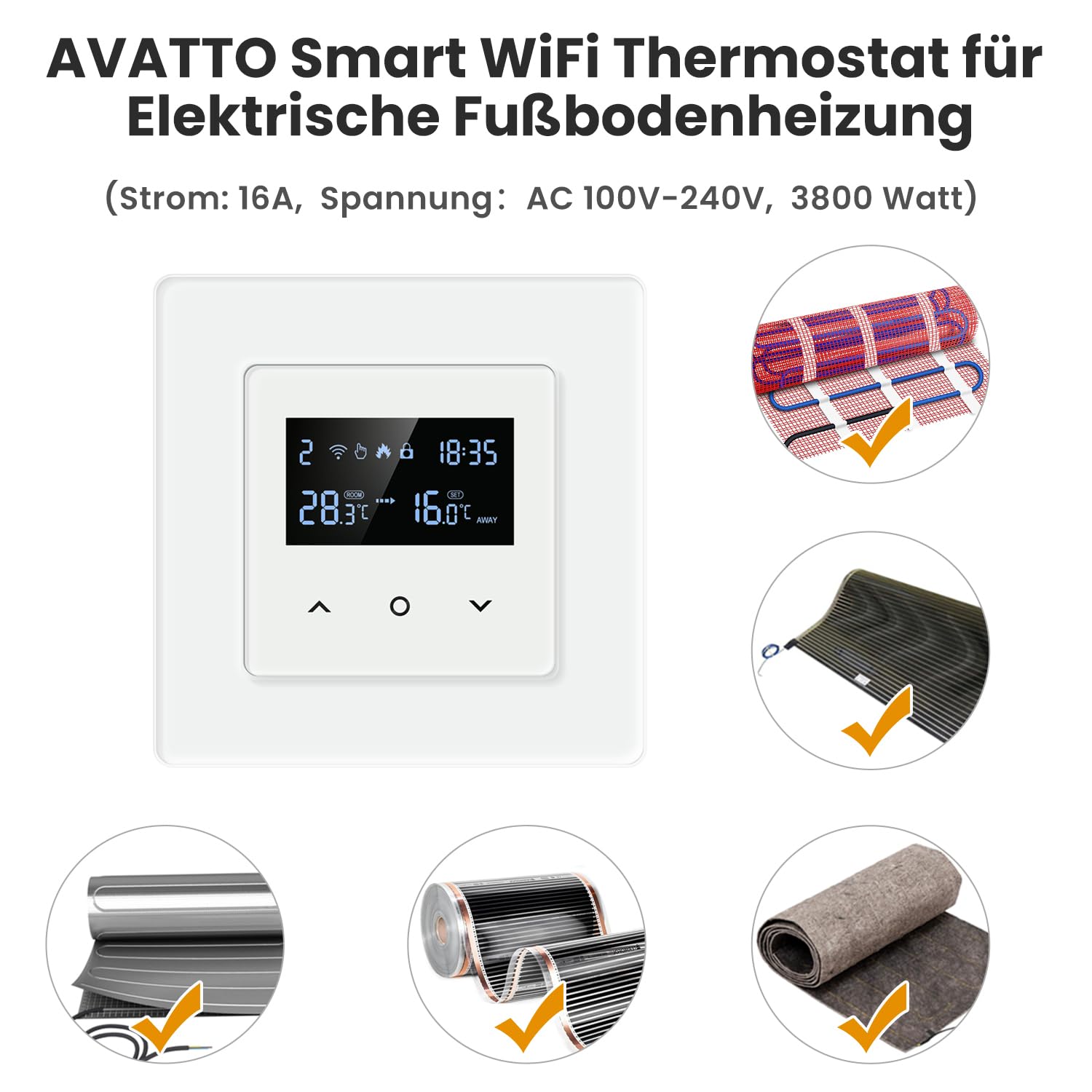 AVATTO Inteligentny termostat WiFi 55 x 55 mm do elektrycznego ogrzewania podłogowego, programowalny termostat pokojowy, kompatybilny z Alexa, Google Home sterowanie głosowe i zdalne sterowanie