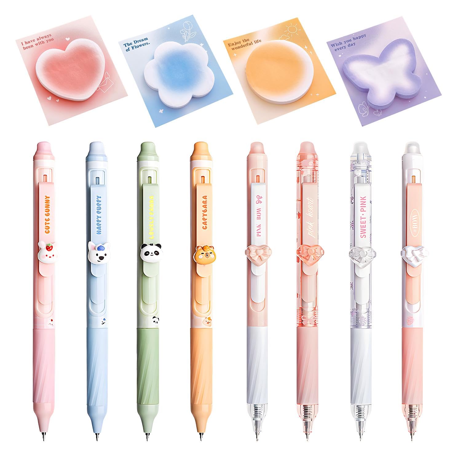 XMNIVATE 8 Erasable Pens, 4 Pieces Of Notes, Cartoon Animation Stationery, Erasable Drawing Pens, Office Class Records, Message Accounting Notes, Pastable Stationery.