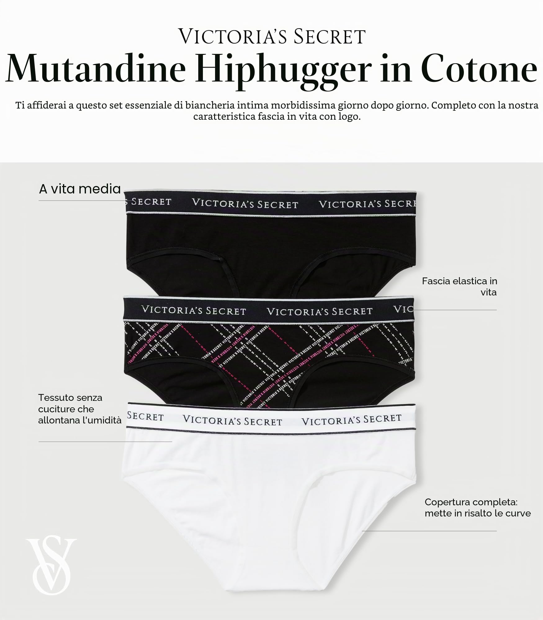 Victoria's Secret Biancheria intima da donna in cotone con logo, mutandine a copertura moderata per donne, confezione multipla (XS-XXL)