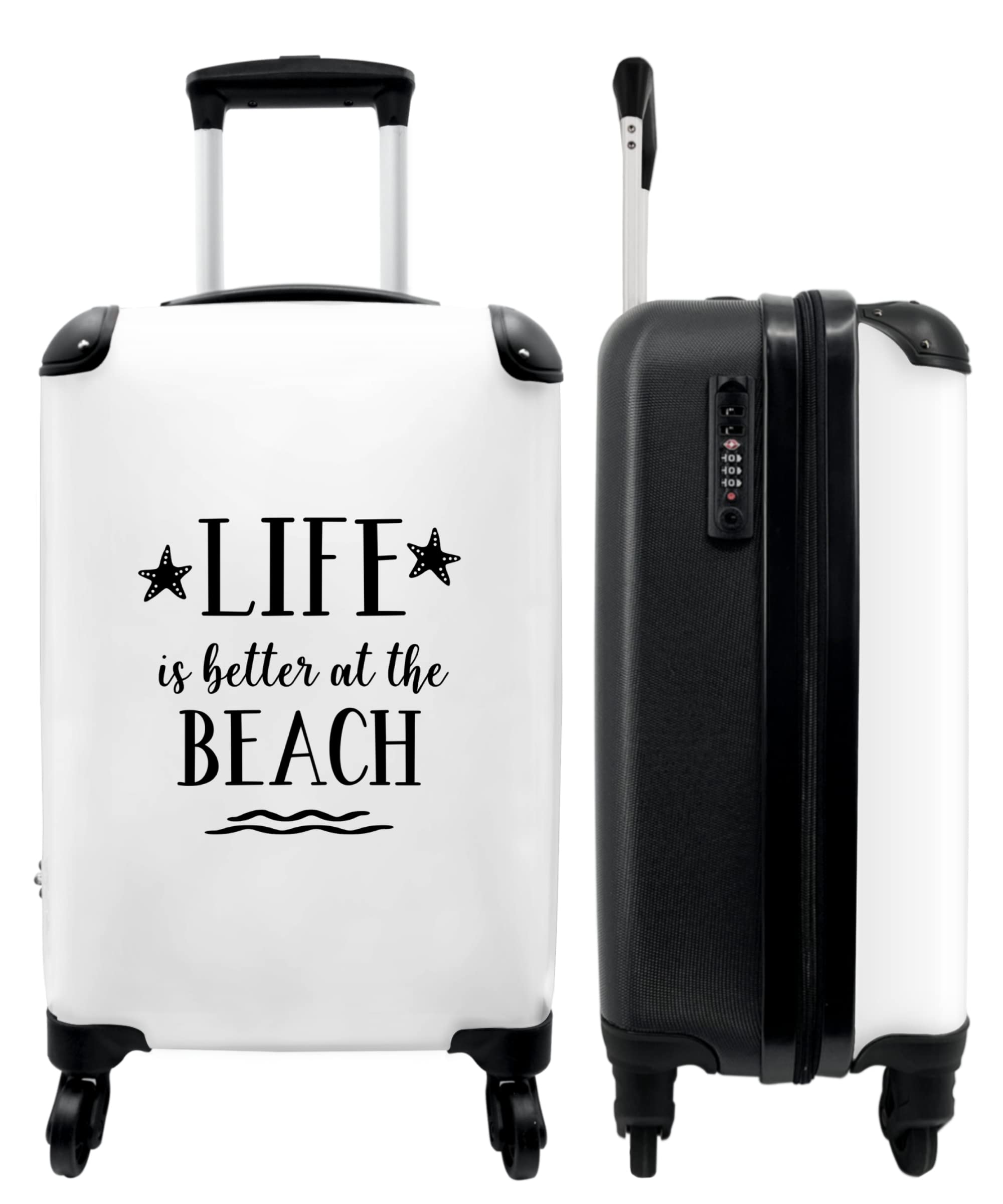 NoBoringSuitcases© Valigia Bagaglio a mano Trolley Case Piccola | viaggio con 4 ruote - 'La vita è migliore in spiaggia' - Citazioni - Stelle - Bianco - bordo