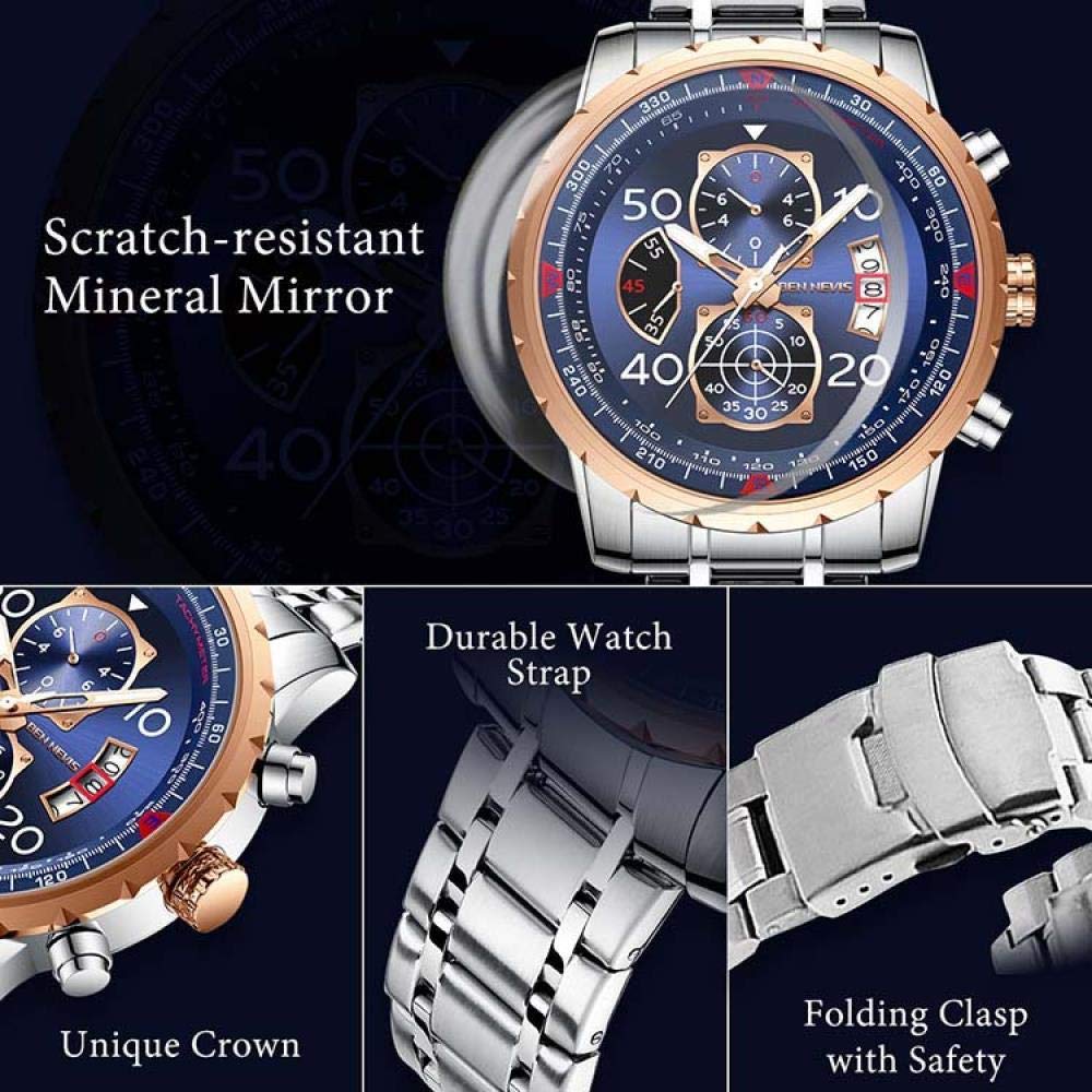 Ourui Orologi Da Polso,Orologio Al Quarzo Con Quadrante Grande A 3 Occhi E 6 Lancette Con Funzione Calendario, Blu Argento