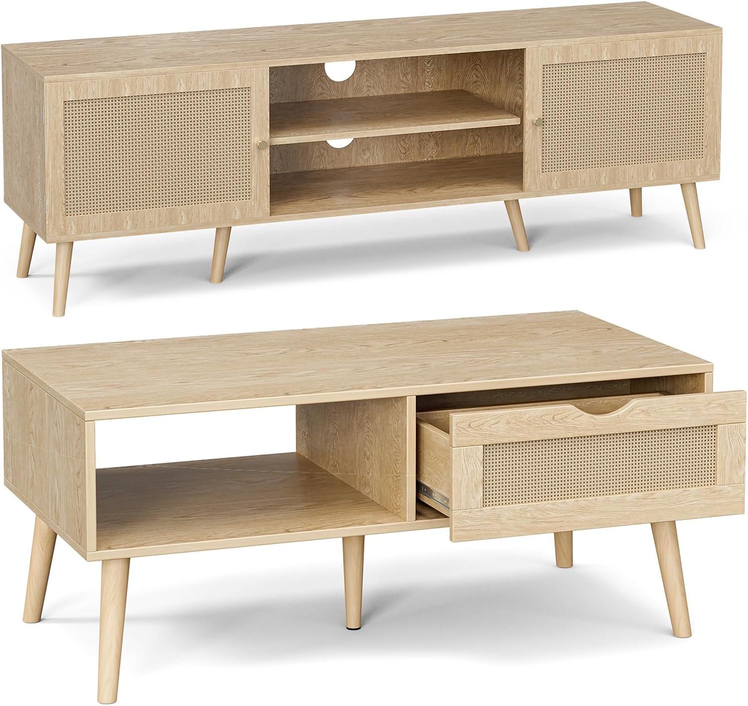 Rattan-Door TV Stand & Coffee Table Set, Entertainment Center for TVs up to 65'', Dining Table with Drawer for Living Room, Natural