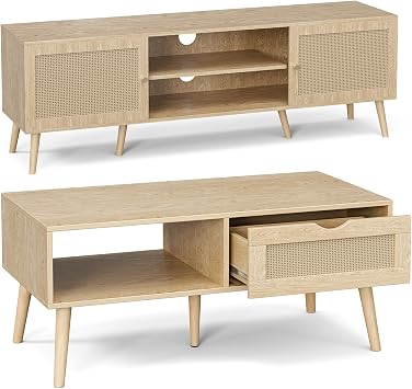 ZttRiee Rattan-Door TV Stand & Coffee Table Set, Entertainment Center for TVs up to 65, Dining Table with Drawer for Living Room, Natural