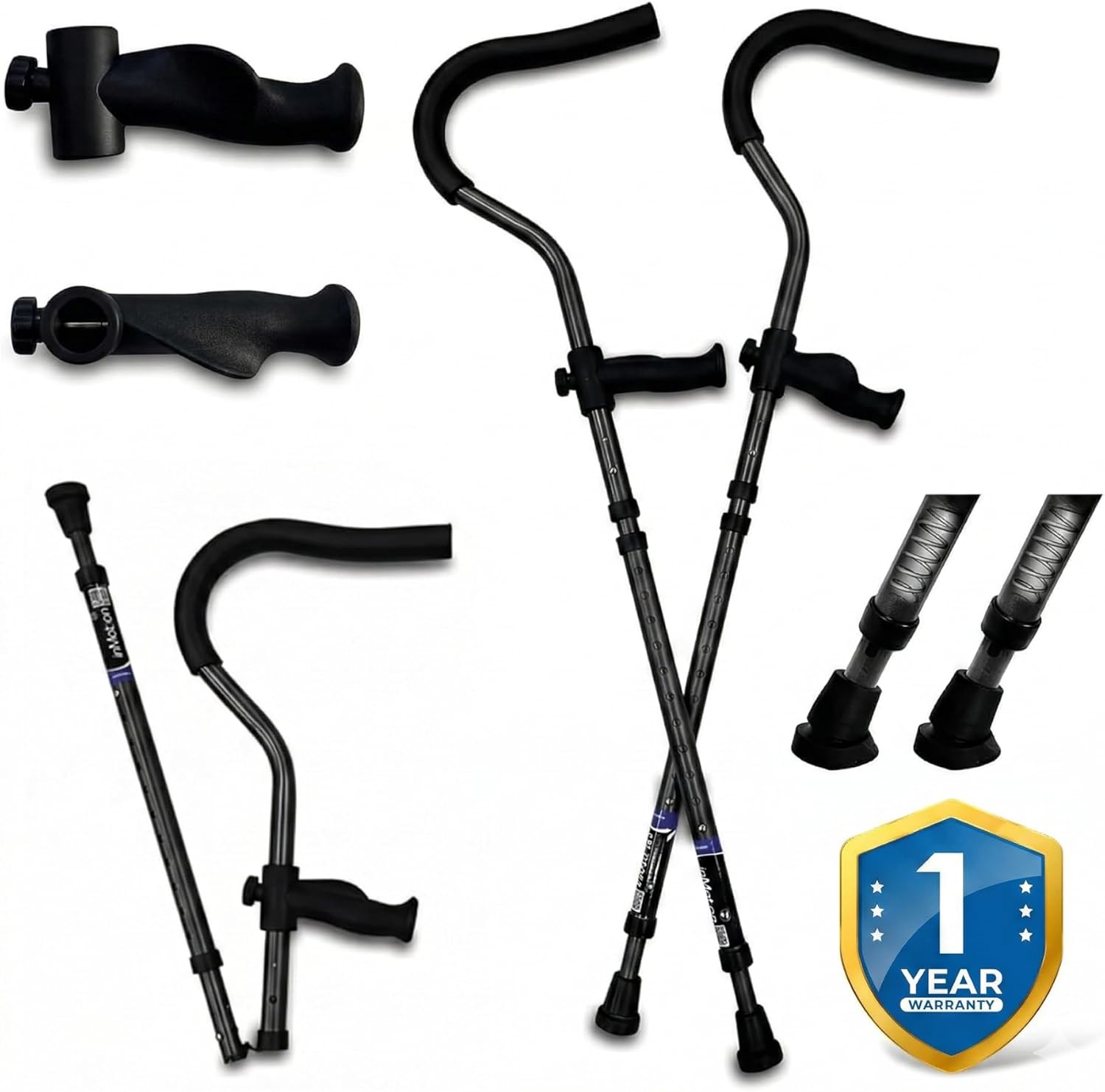 in-Motion Pro Crutches | Foldable Crutches| Crutches for Adults with Ergonomic Handles | Spring Assist Technology | Articulating Tips | Size Short (4'8" - 5'9") | Charcoal Grey