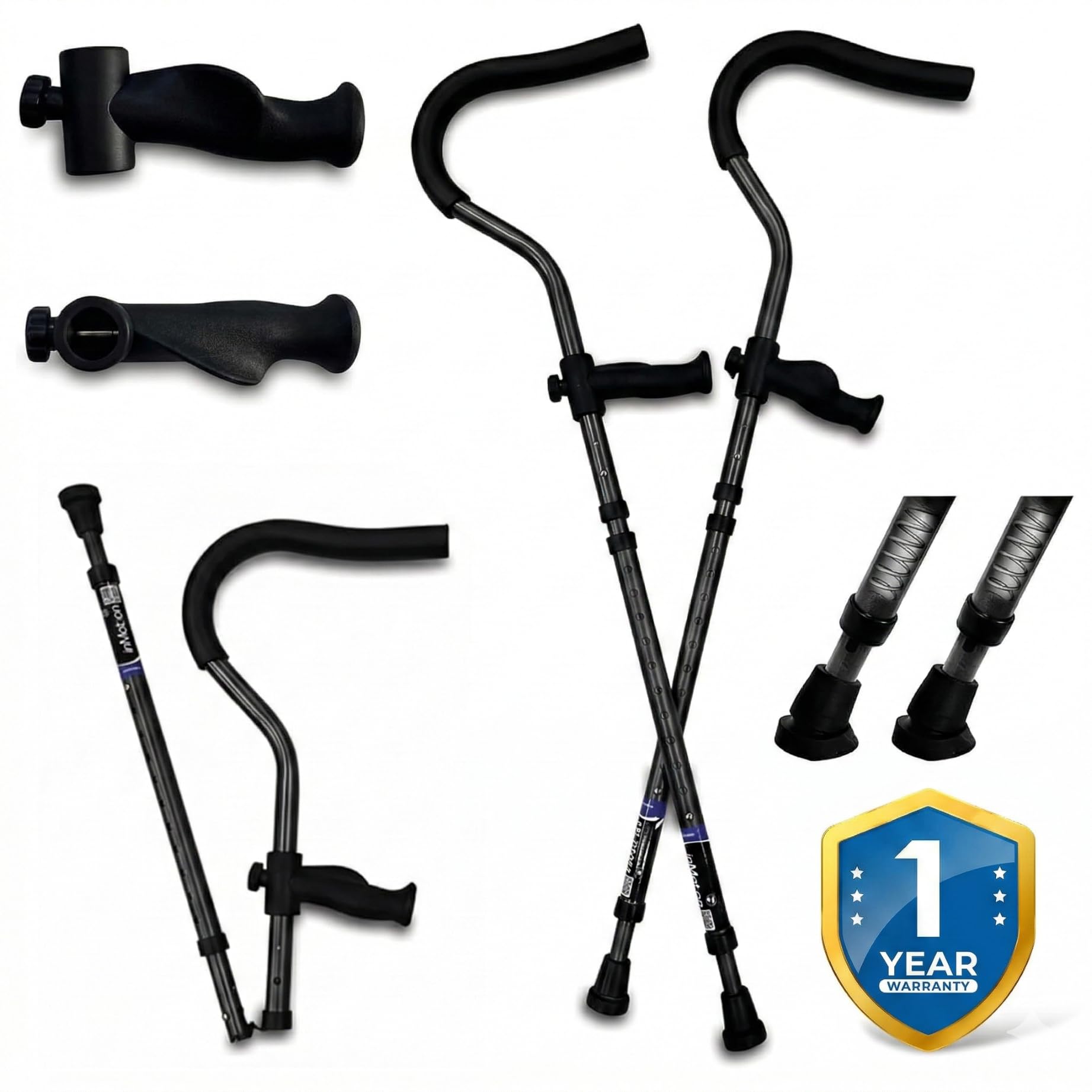 in-Motion Pro - Muletas plegables para adultos con asas ergonómicas, tecnología de asistencia por resorte, puntas articuladas, tamaño alto (5'25.4 cm - 7'2.5 cm), gris carbón