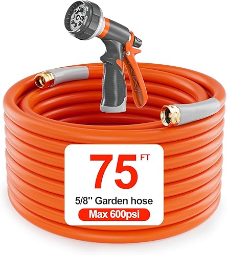 Manguera de jardín de 75 pies, manguera de agua de 75 pies, resistente de 58 pulgadas, flexible y ligera, 600 ráfagas PSI  Boquilla de 8 funciones