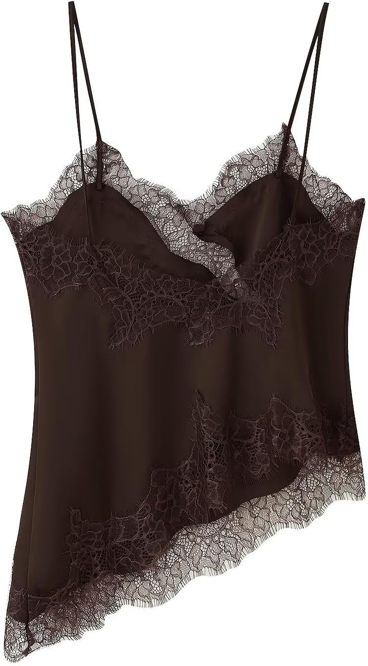 Silk Lace Trim Camisole Tops for Women Satin Asymmetrical Tank Top Backless Lace Patchwork Cami Going Out - Image 5