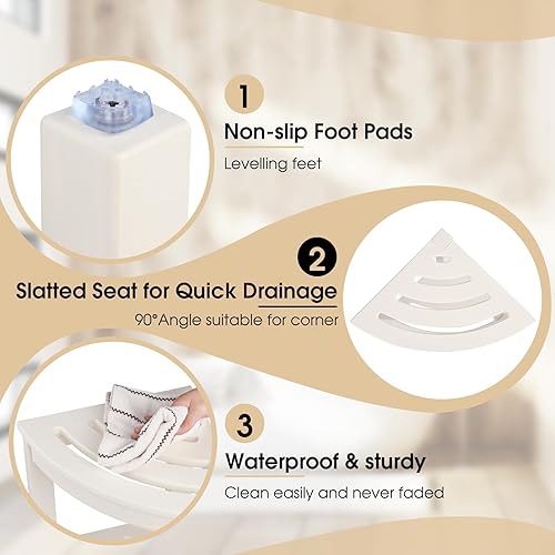 Miniatura 4 de Taburete de ducha esquinero de HDPE, asiento de ducha con estante de almacenamiento para afeitarse las piernas, plástico para spa, baño, reposapiés