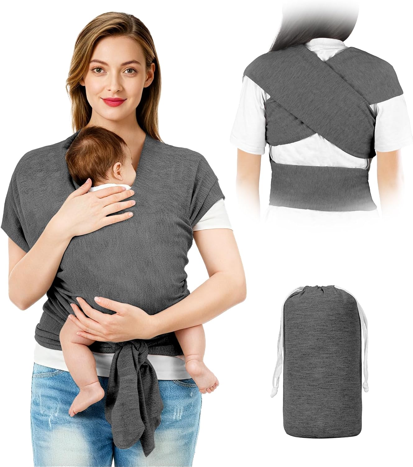 AOOWU Baby Carrier Sling Baby Newborn up to 15 kg - Hands-Free Baby Sling - Easy to Put on for Mothers and Dads - Baby Carrier Multi-Use Baby Wrap Carrier Dark Grey