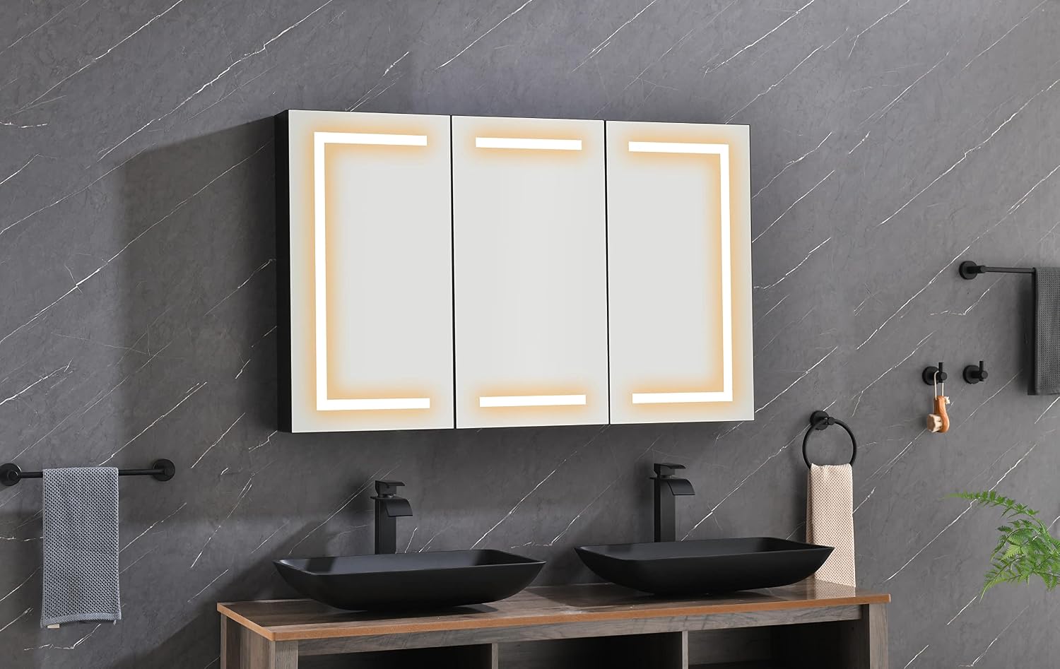 48" LED Dimmable & Defogger Bathroom Storage, Multifunctional Organizer with Vanity Mirror, Practical Cabinet with Steel Frame & Wall-Mount for Bathroom Use, Matte Black