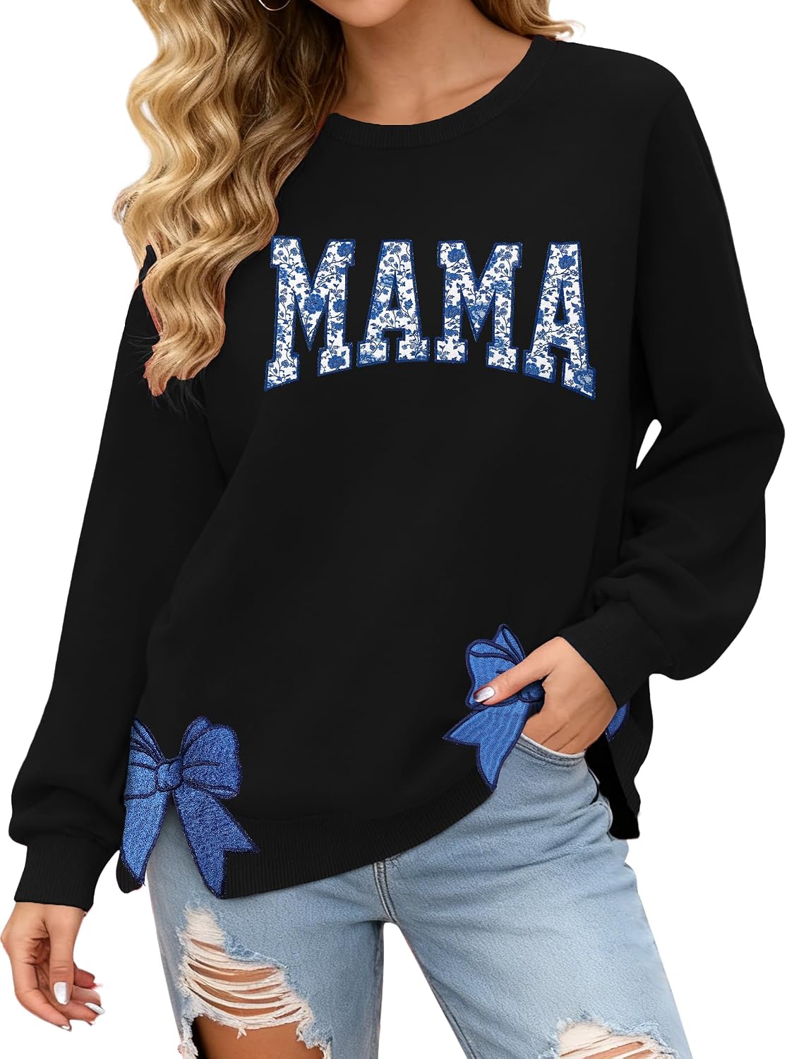 PECHAR Mama Sweatshirt for Women mama Floral Embroidered Shirts Mom Crewneck Long Sleeve Tops With Side bow Applique