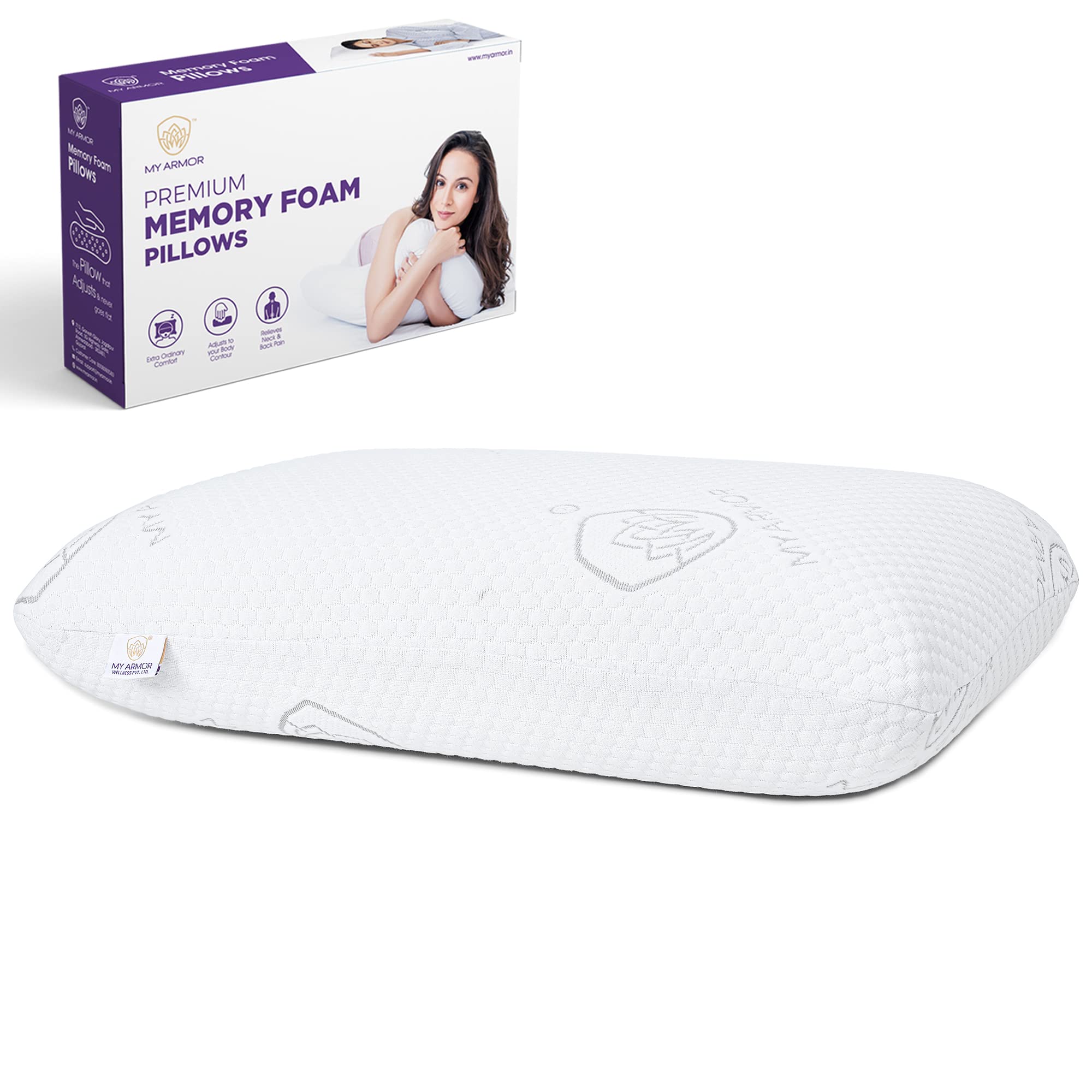 MY ARMORMemory Foam Pillow, Orthopedic Pillow for Neck Pain Relief & Back Support with Removable Zipper Cover, Extra-Thick King Size Pillow - 23.5x15.5x5.5 Inches, White, Pack of 1