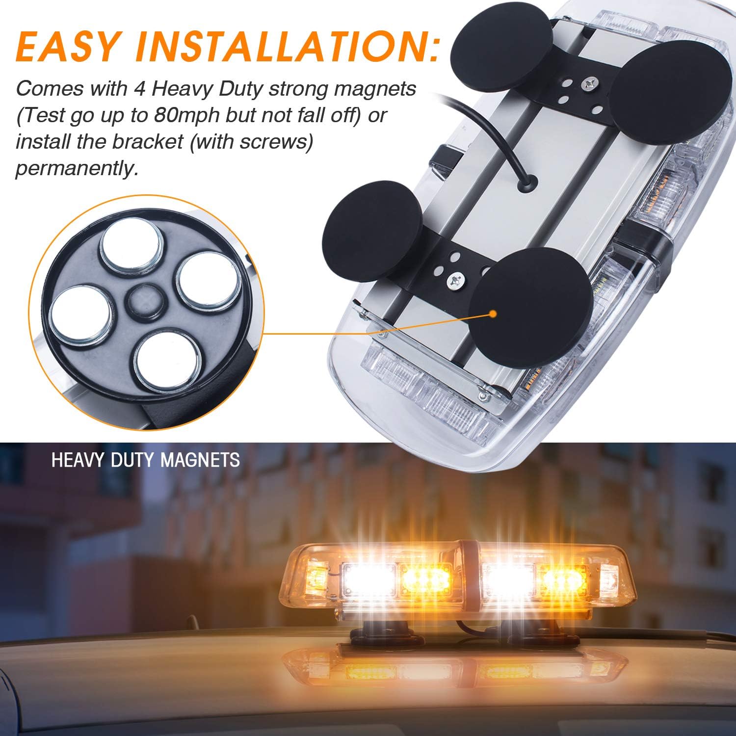 Linkitom LED Strobe Warning Light -36 LED High Intensity Emergency Flashing Lamps/Hazard Warning Mini Lighting Bar/Beacon/with Magnetic Base for Car Trailer Roof Safety (Amber & White)